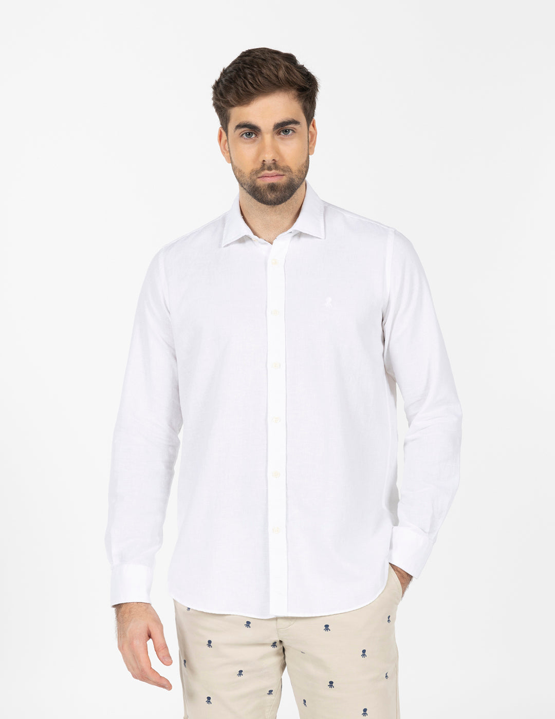 CAMISA DE LINHO E ALGODÃO COM LOGOTIPO BRANCO PURO
