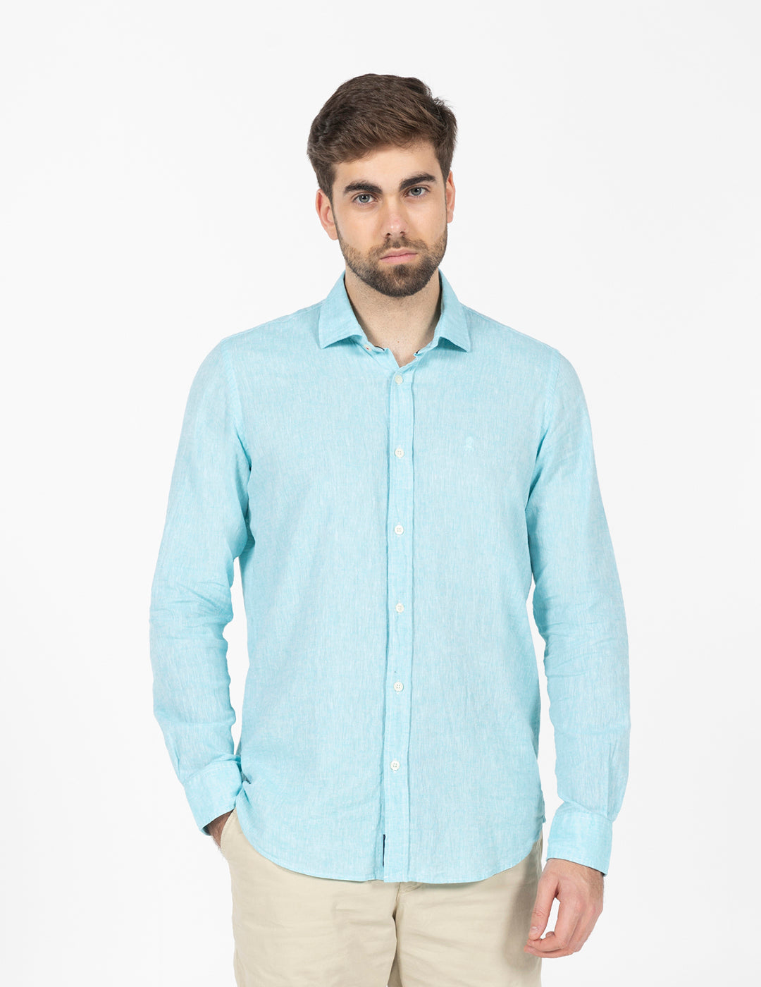 CAMISA LINO Y ALGODÓN LOGO AZUL TURQUESA