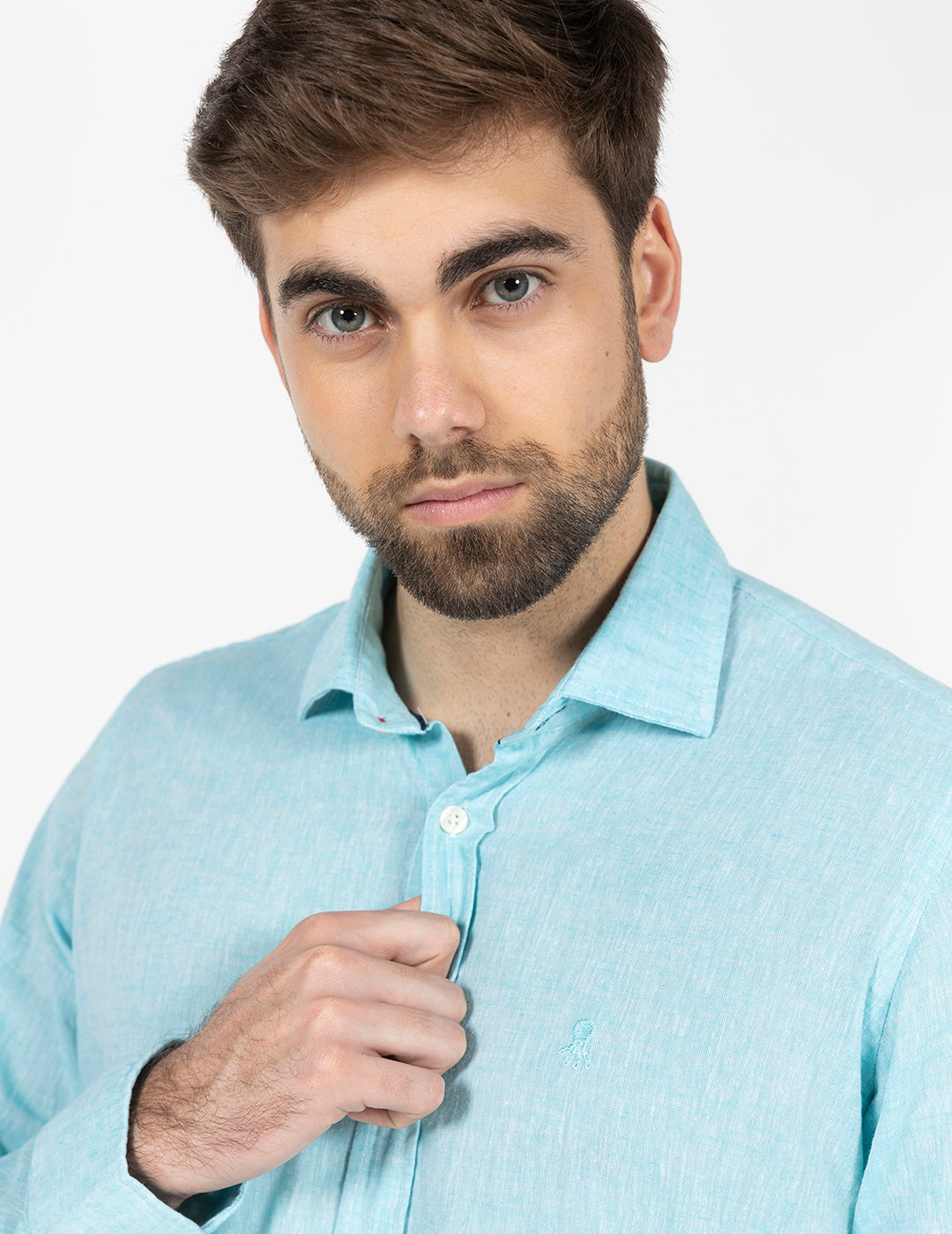 CAMISOLA DE LINHO E ALGODÃO COM LOGOTIPO AZUL TURQUESA