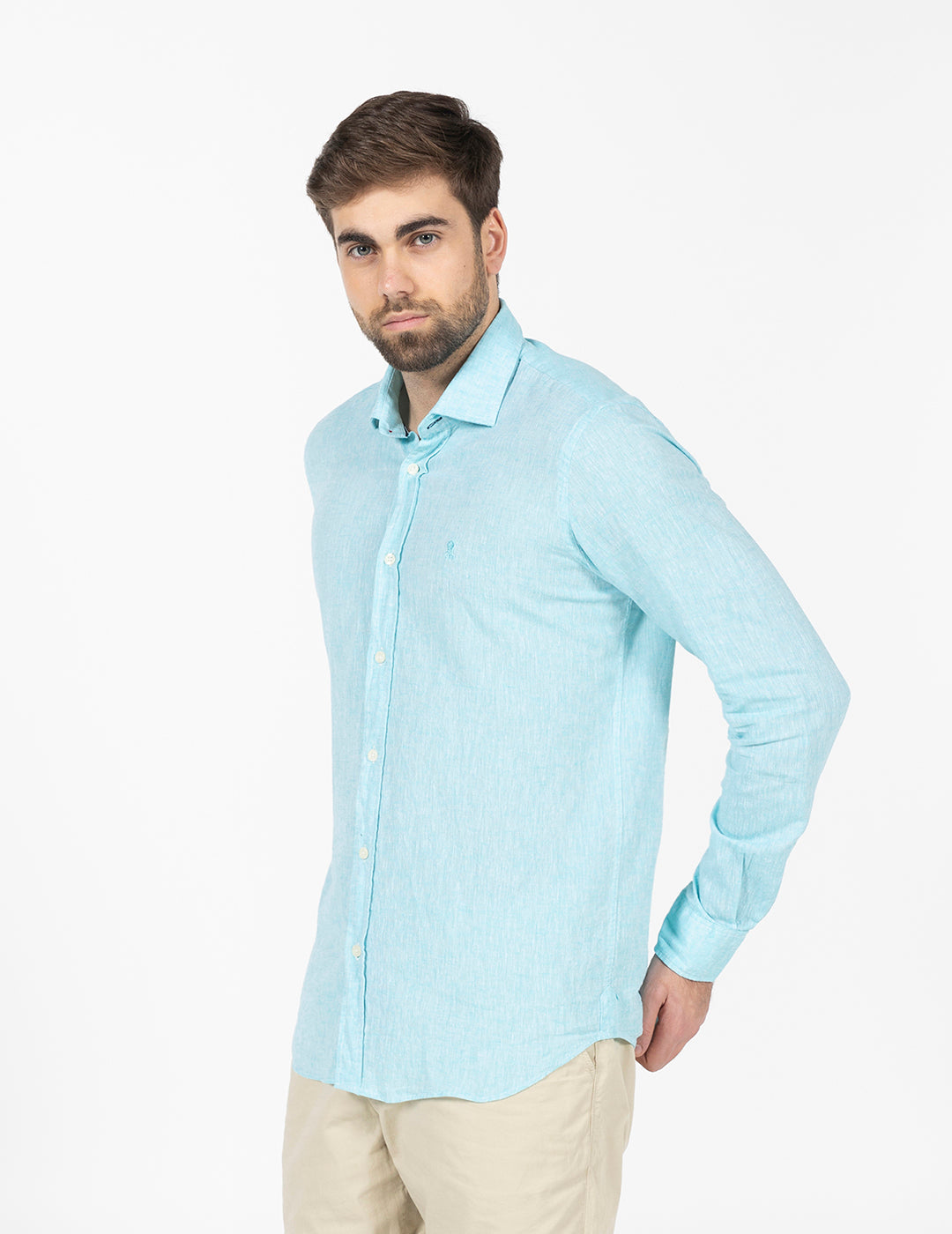 CAMISOLA DE LINHO E ALGODÃO COM LOGOTIPO AZUL TURQUESA