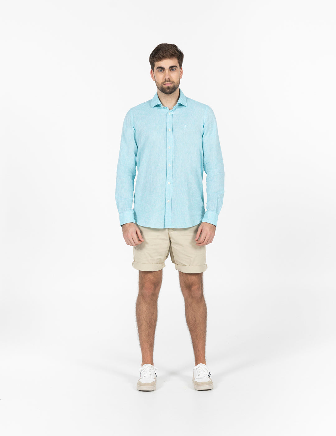 CAMISOLA DE LINHO E ALGODÃO COM LOGOTIPO AZUL TURQUESA