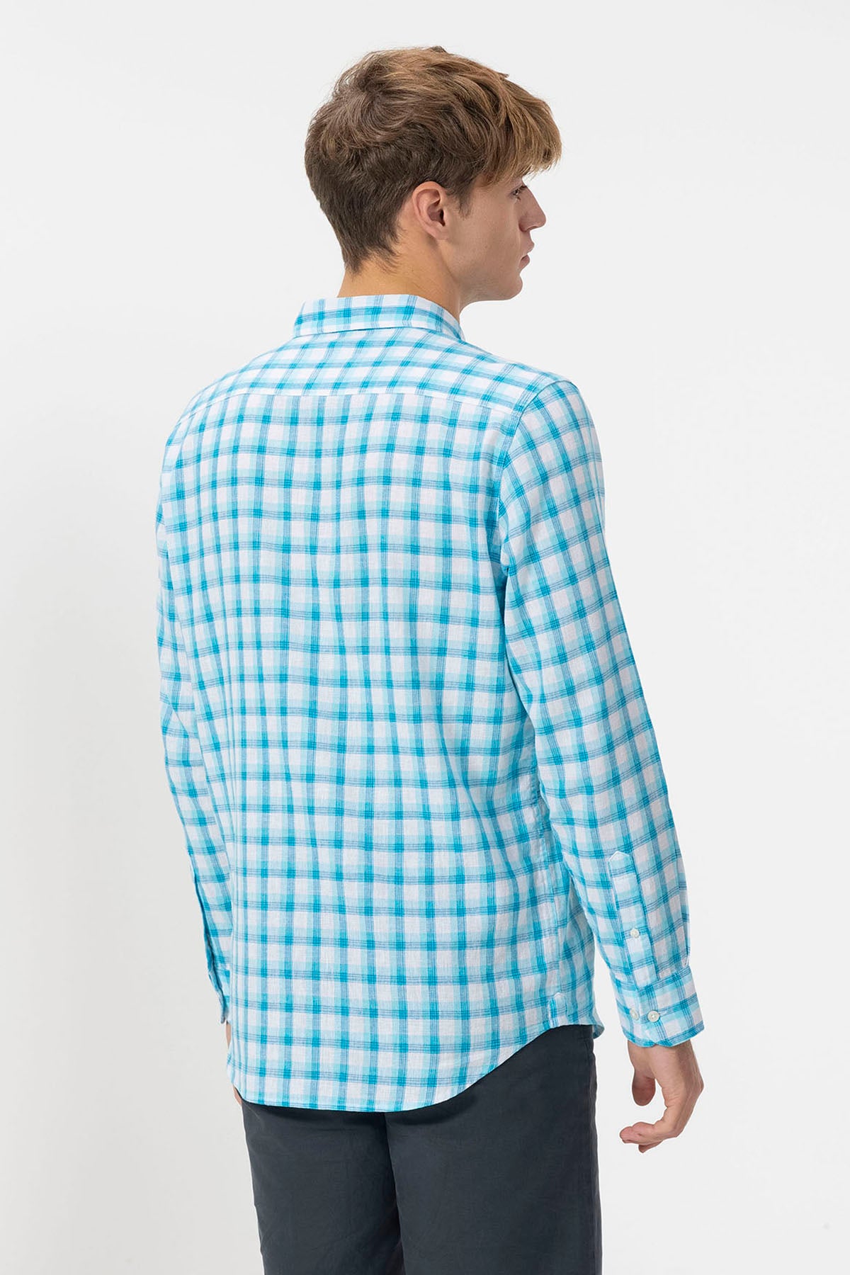 BLUE CHECKED LINEN BUTTON COLLAR SHIRT