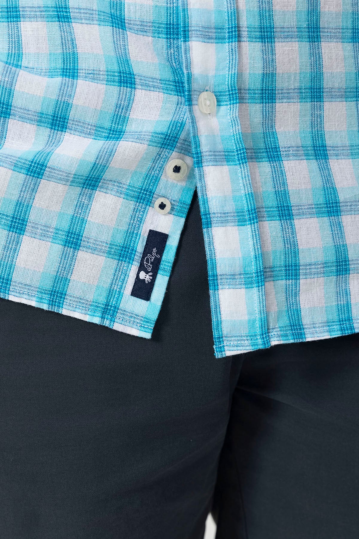 BLUE CHECKED LINEN BUTTON COLLAR SHIRT
