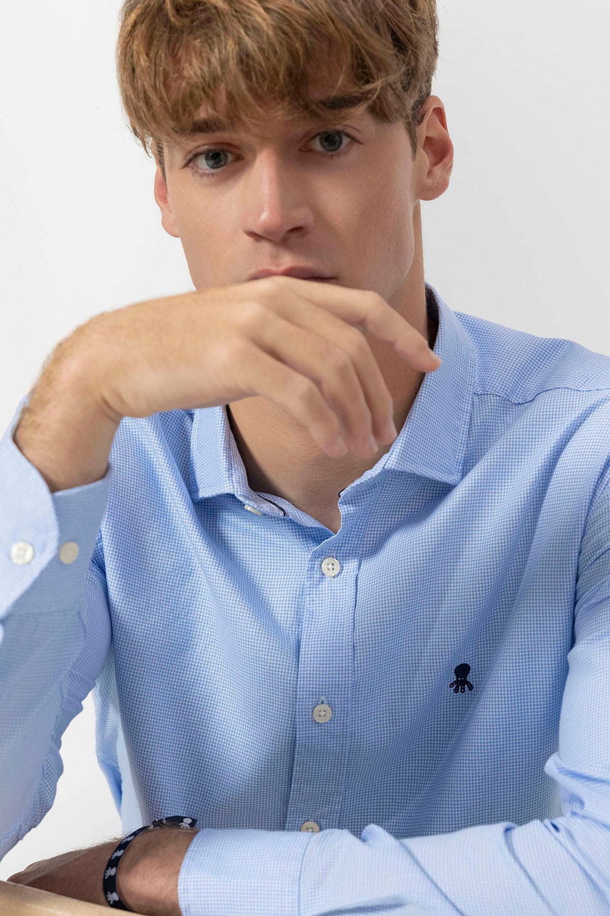Light blue micro-houndstooth Italian collar shirt