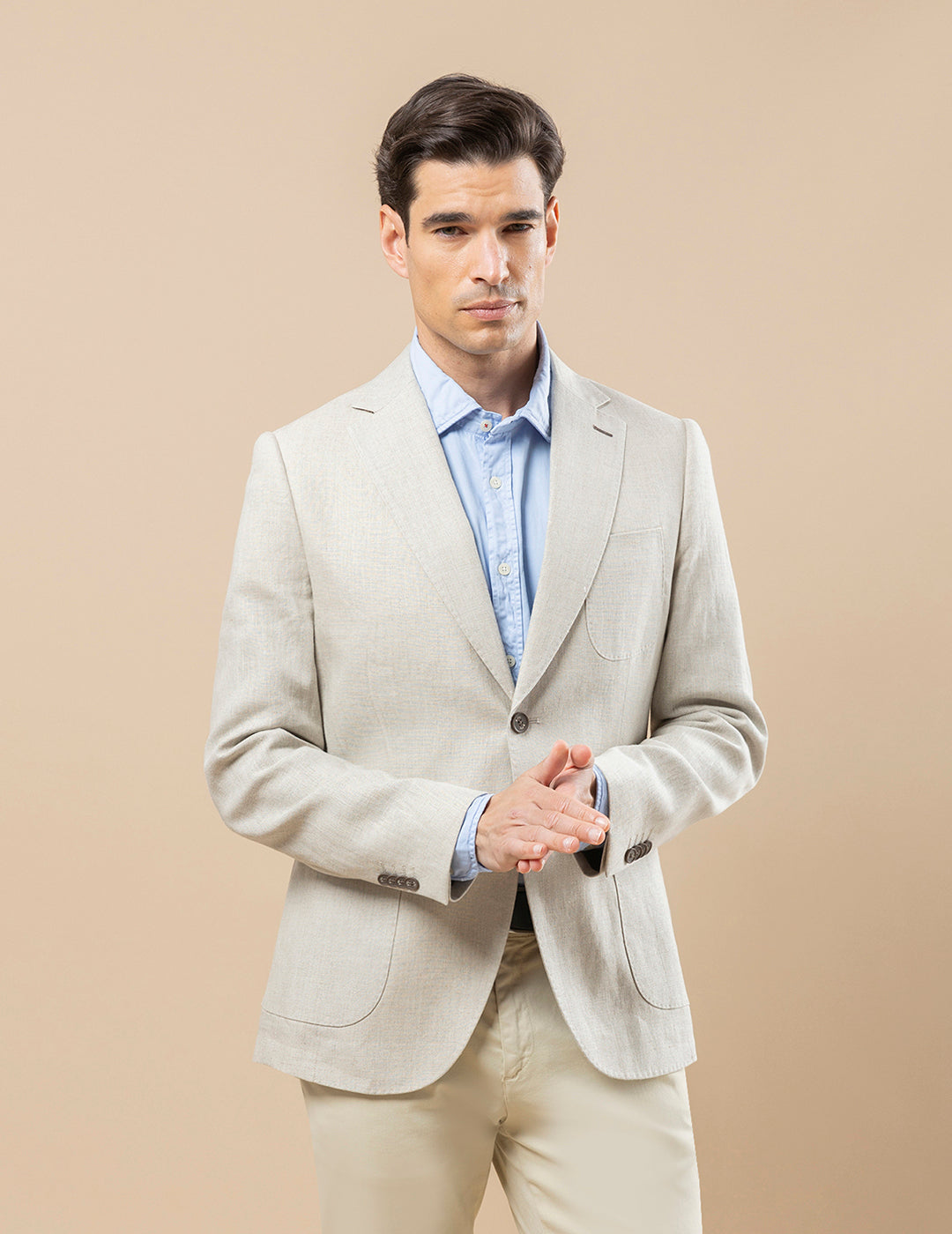 CAMEL LINEN SUIT BLAZER WITH THREE POCKETS
