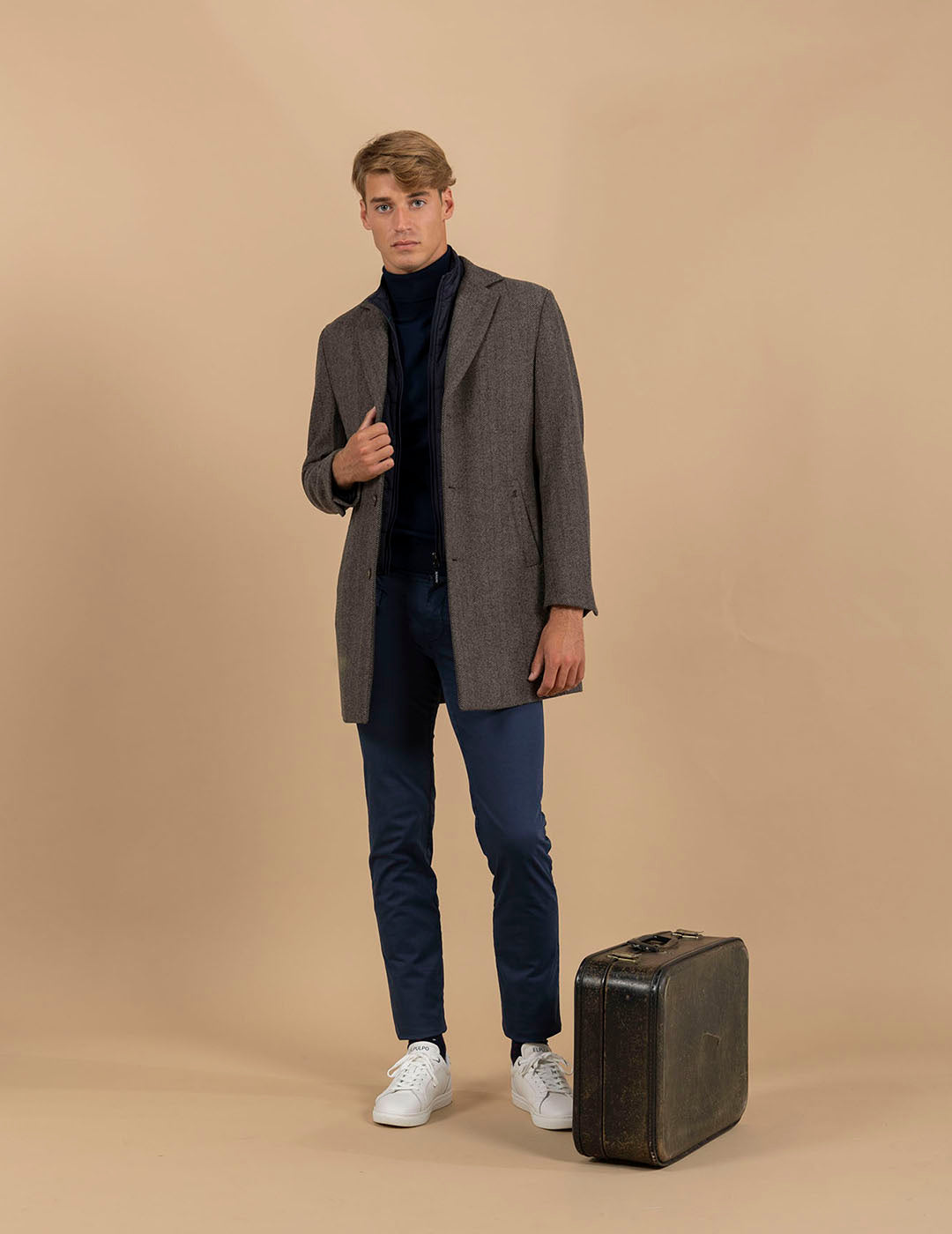 HERRINGBONE COAT WITH REMOVABLE BIB TAN