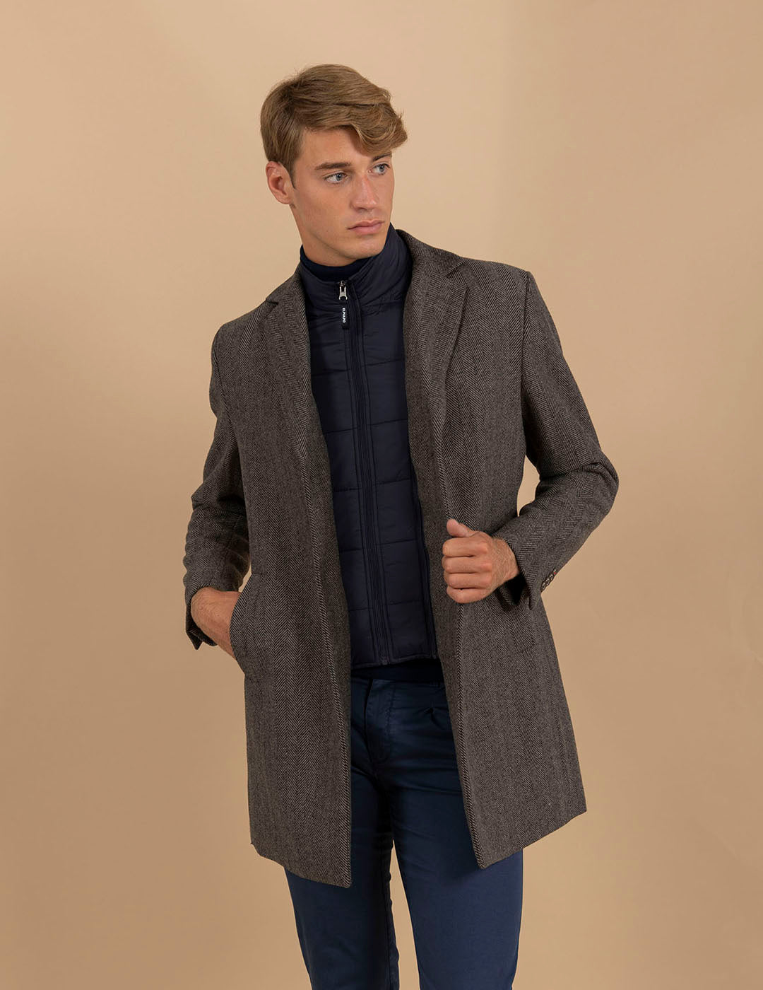 HERRINGBONE COAT WITH REMOVABLE BIB TAN