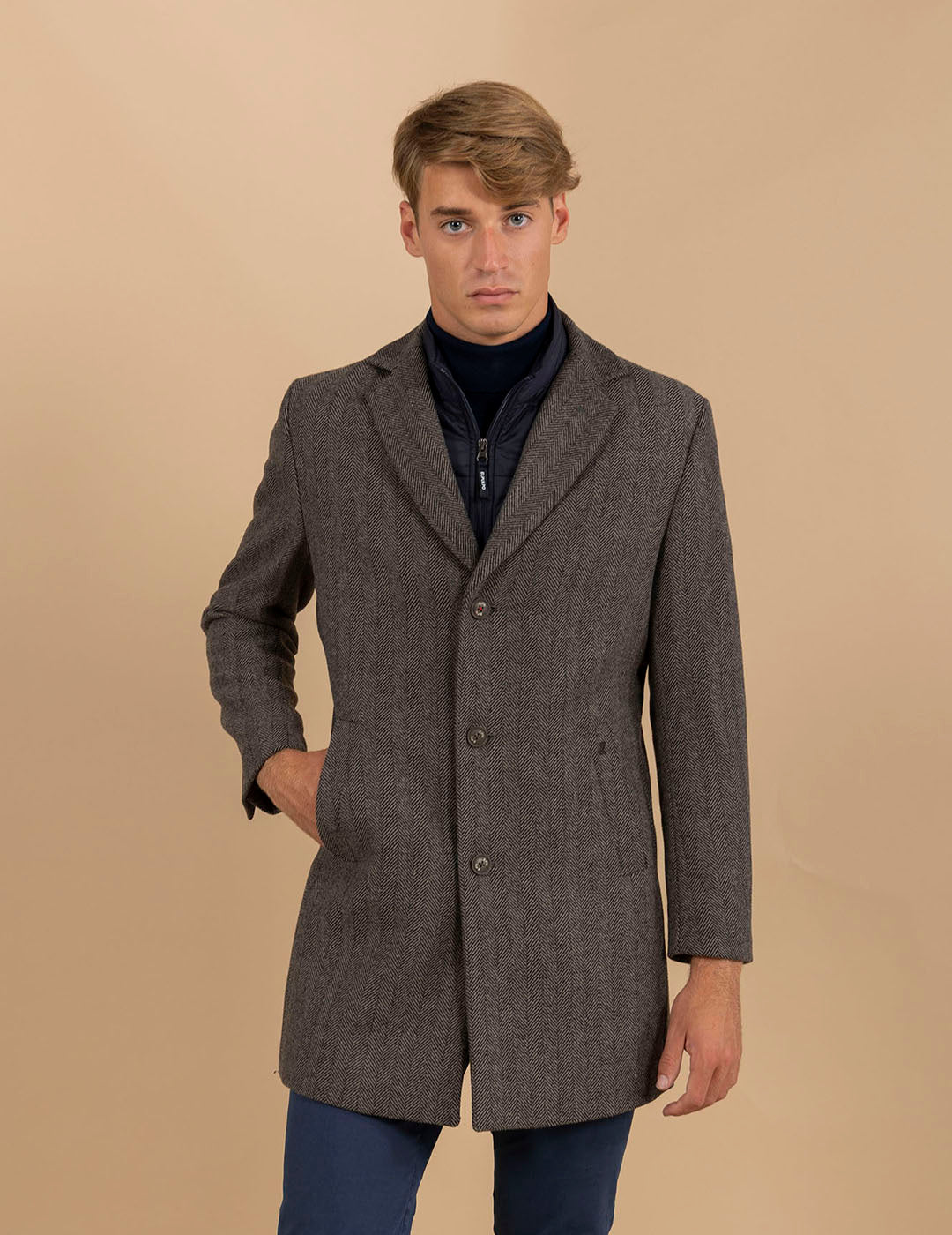 HERRINGBONE COAT WITH REMOVABLE BIB TAN
