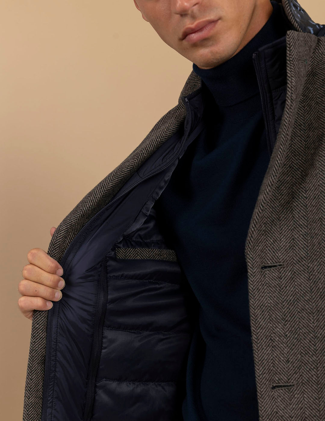 HERRINGBONE COAT WITH REMOVABLE BIB TAN