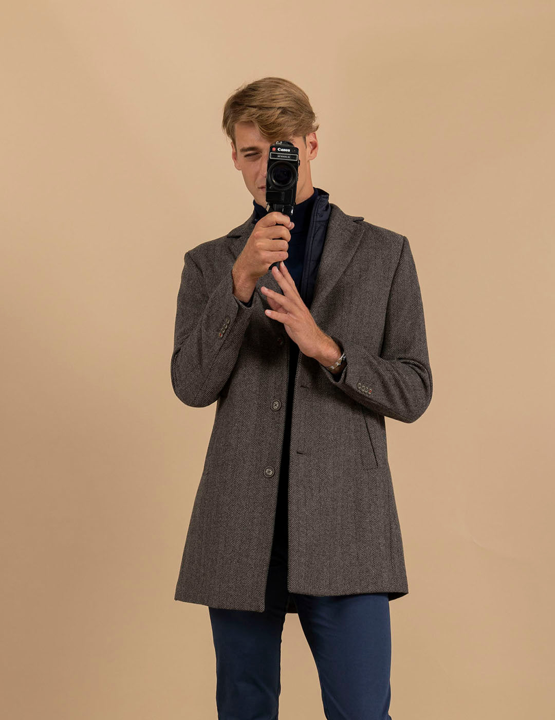 HERRINGBONE COAT WITH REMOVABLE BIB TAN
