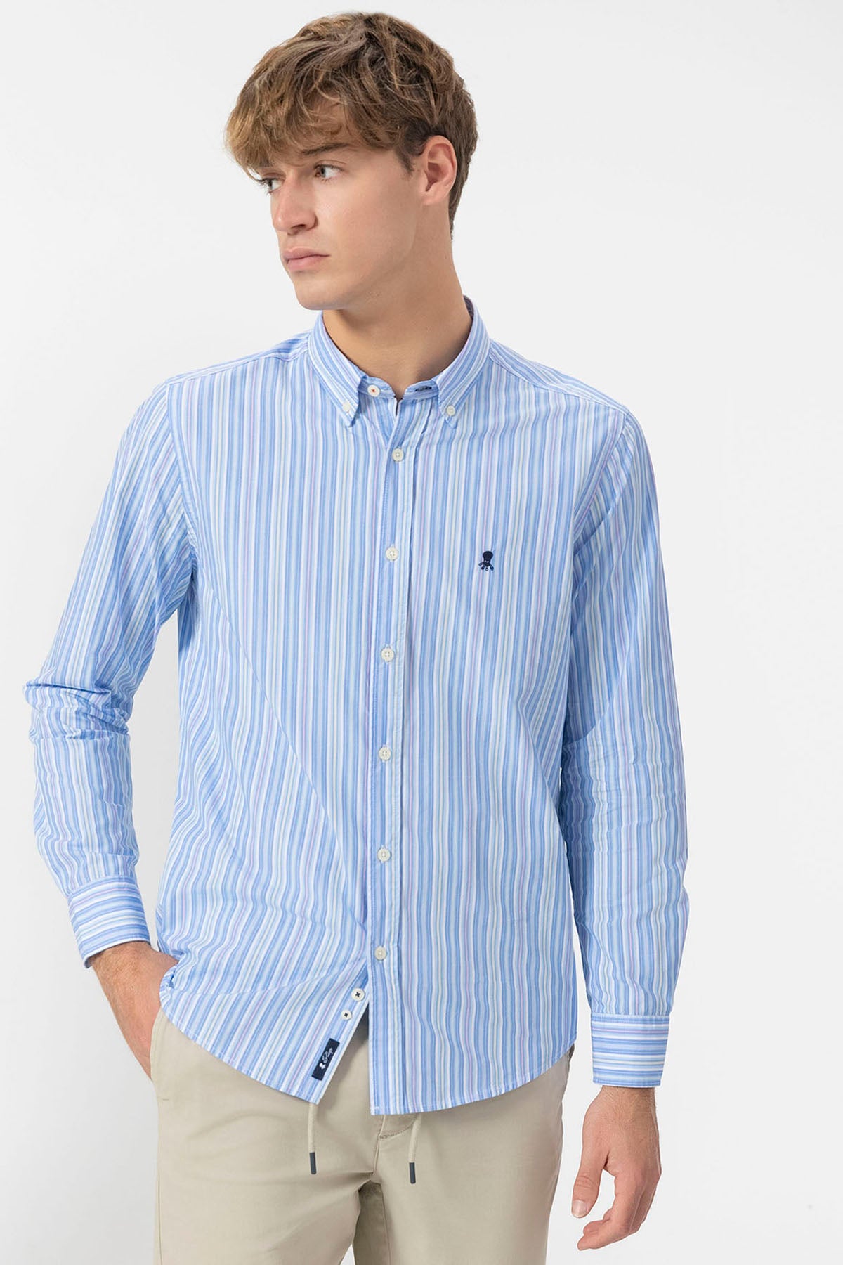BUTTON COLLAR SHIRT POPLIN STRIPED BLUE MULTICOLOR