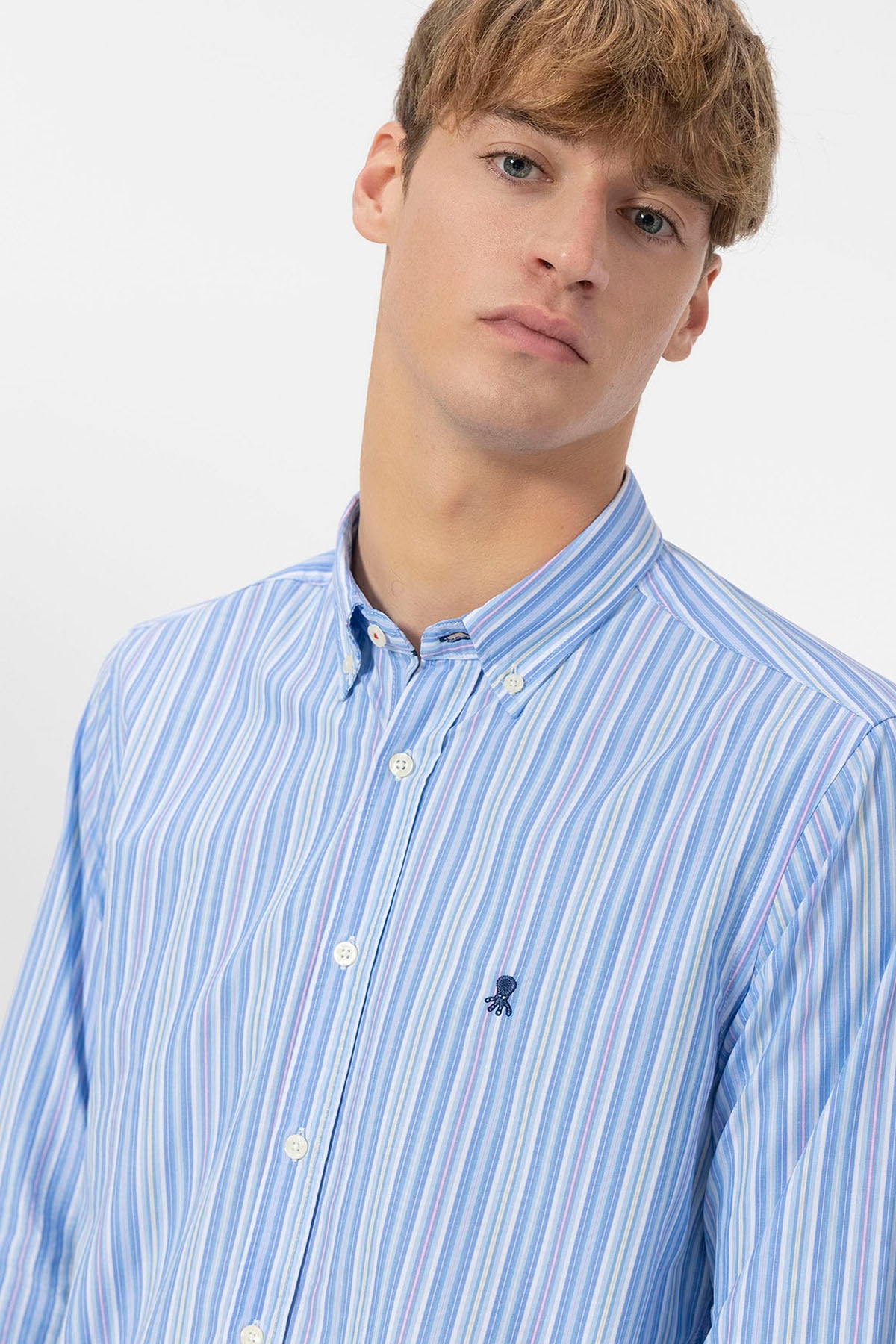 BUTTON COLLAR SHIRT POPLIN STRIPED BLUE MULTICOLOR