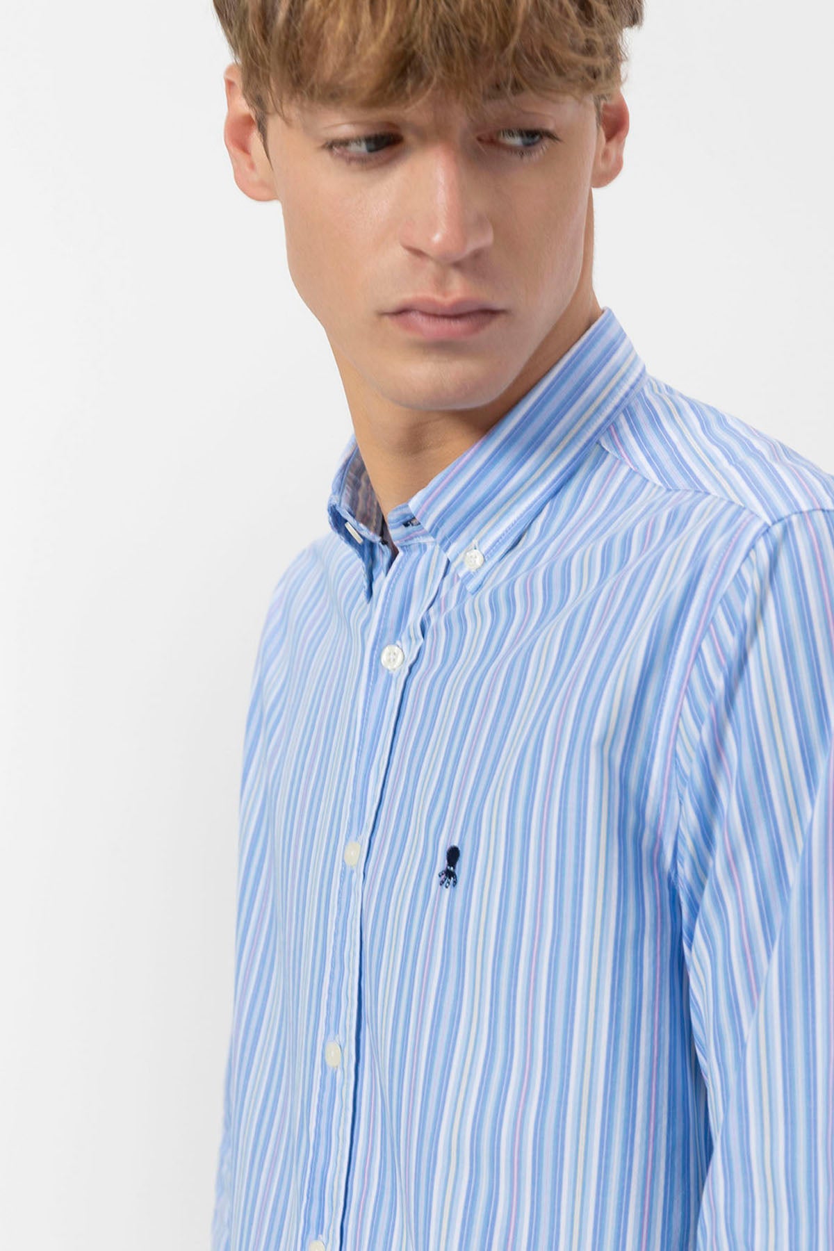 BUTTON COLLAR SHIRT POPLIN STRIPED BLUE MULTICOLOR