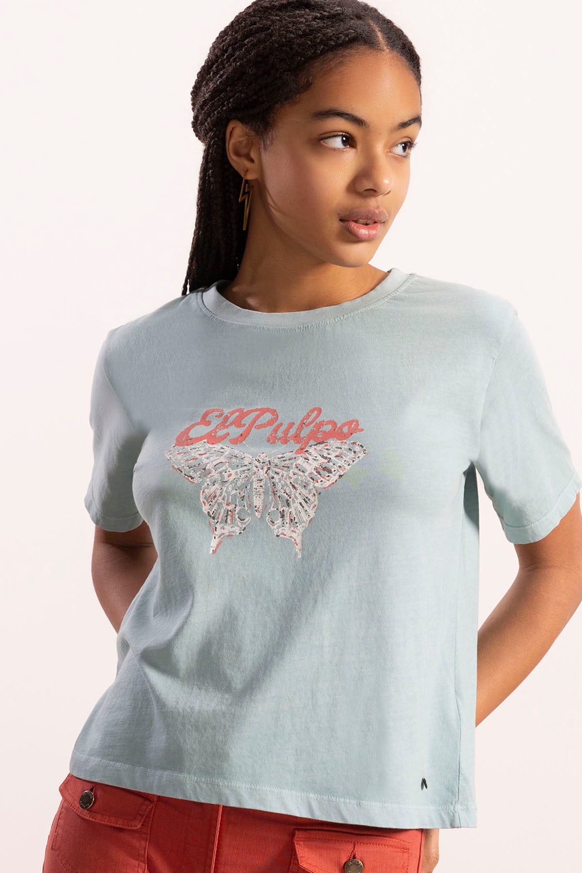 T-shirt adolescente com estampado de borboleta monarca e verde-água