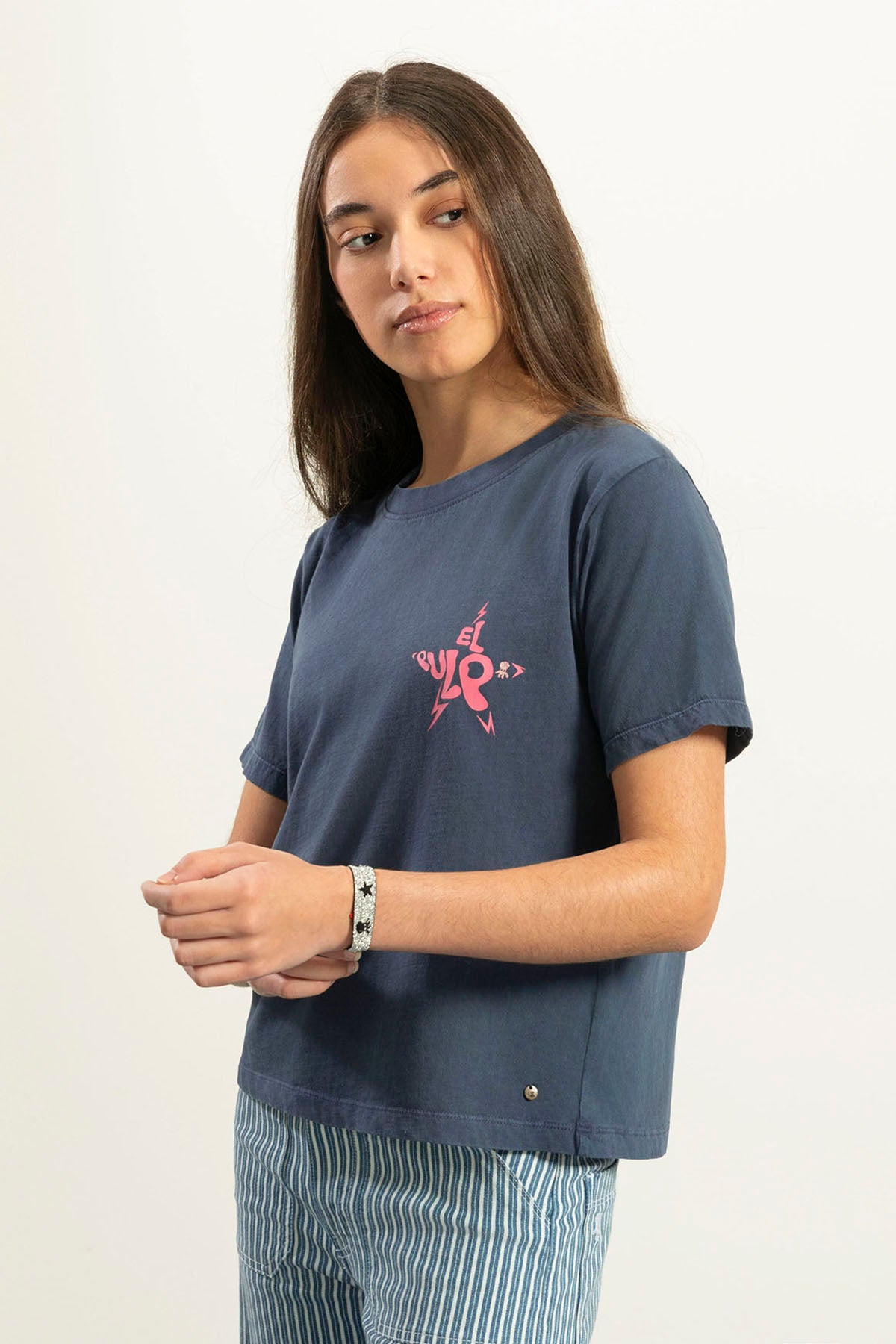 T-shirt básica lavada para adolescentes DELAVÉ com logótipo azul marinho