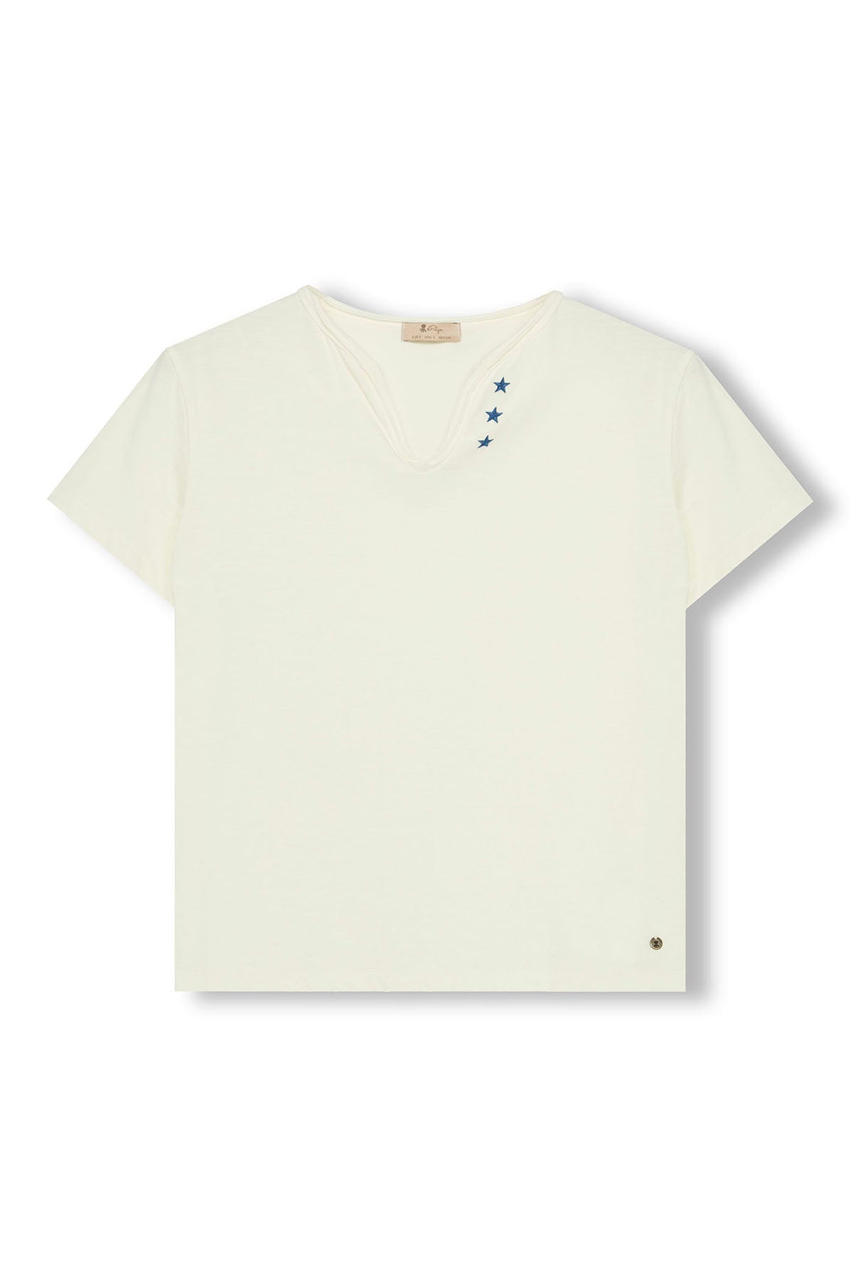 T-SHIRT ADOLESCENTE COM BOTÕES DE ESTRELAS E CONTRASTE EM BRANCO PURO