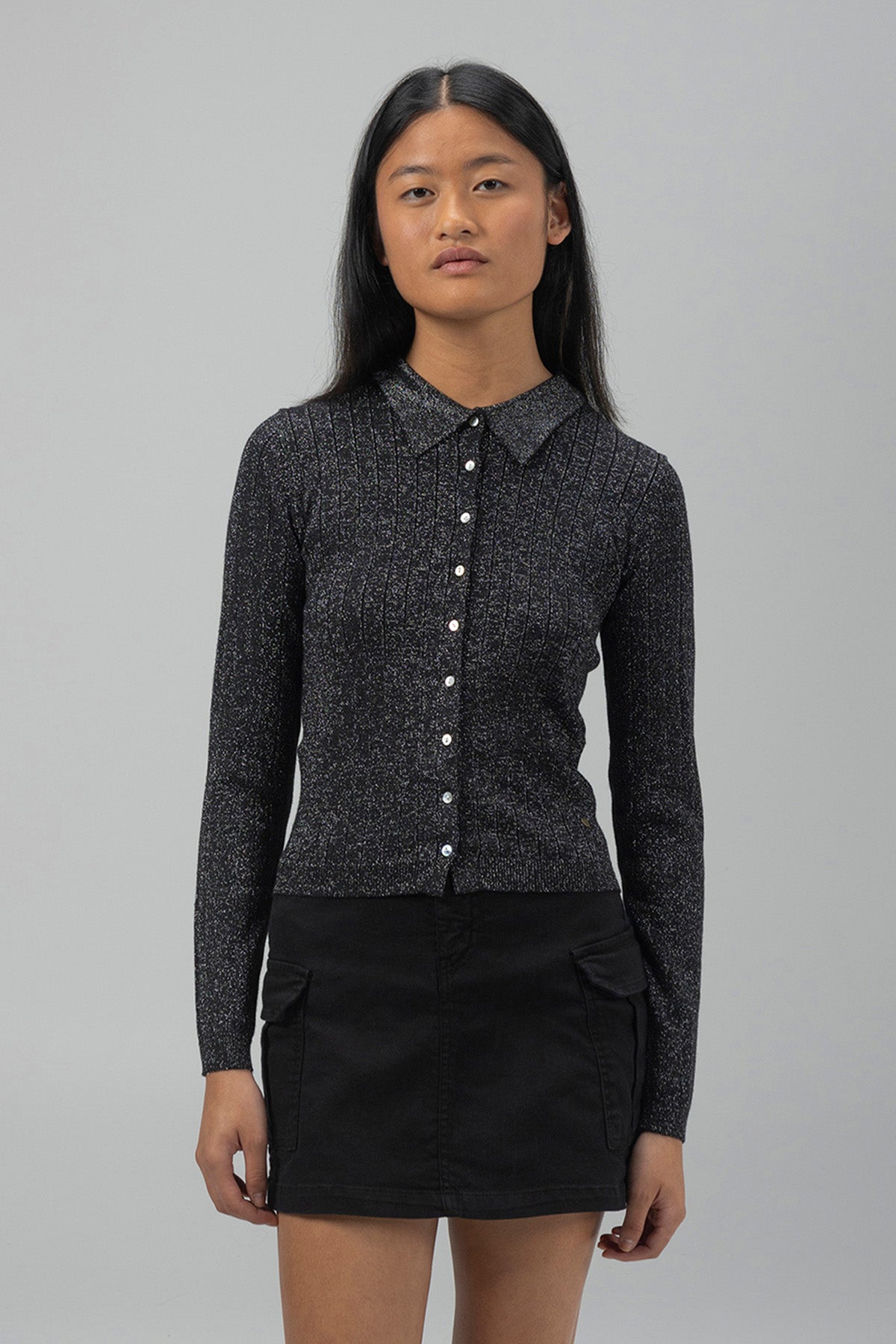 CHAQUETA PUNTO TEEN CUELLO CAMISERO LUREX NEGRO