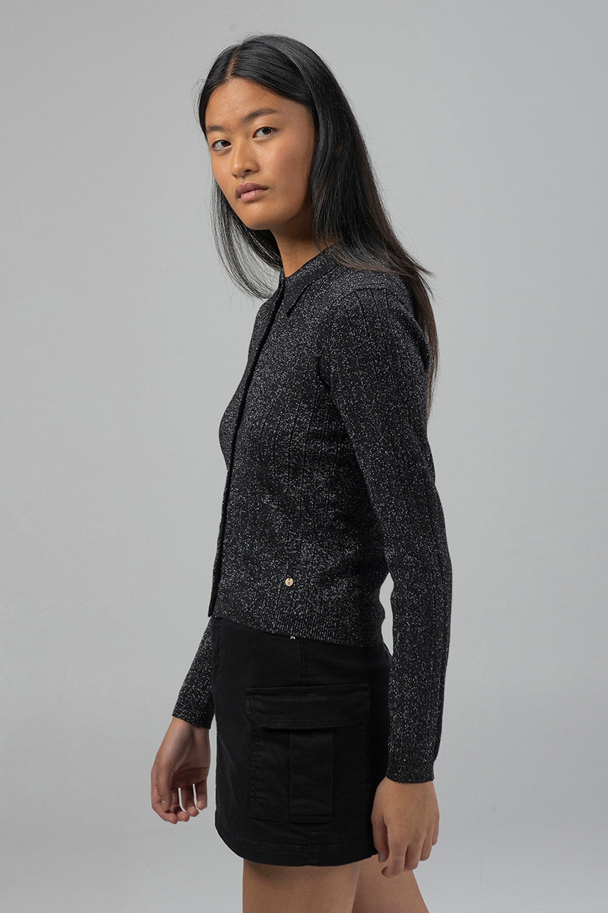 CHAQUETA PUNTO TEEN CUELLO CAMISERO LUREX NEGRO
