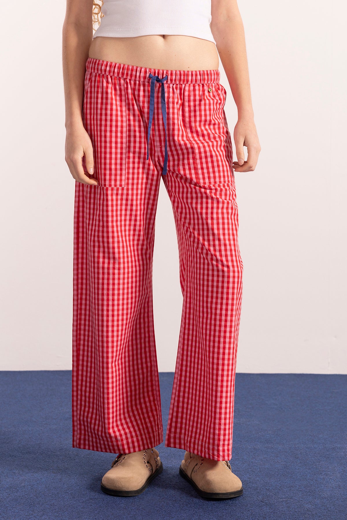 TEEN PANTS COTTON PLAID WITH PINK FLAMINGO RUBBER BANDS