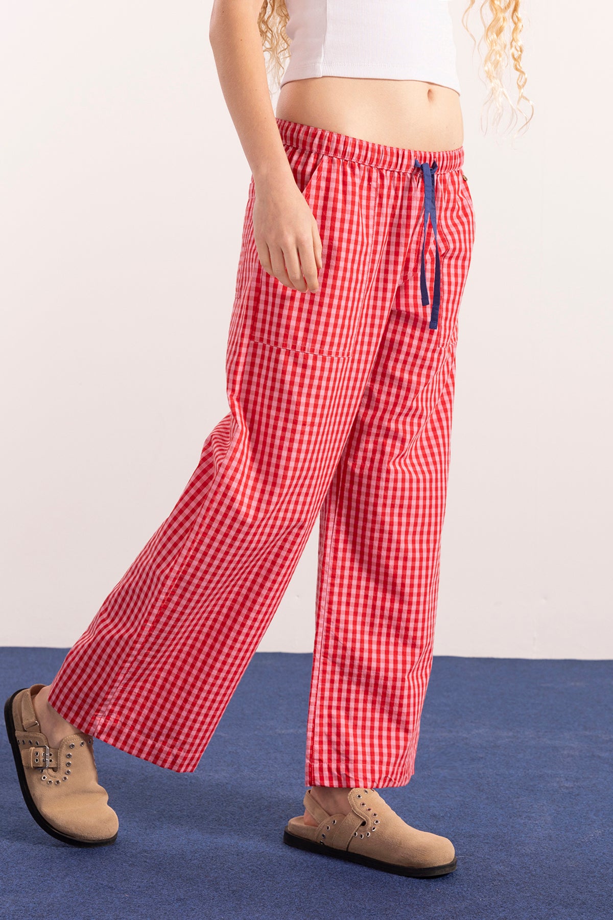 TEEN PANTS COTTON PLAID WITH PINK FLAMINGO RUBBER BANDS