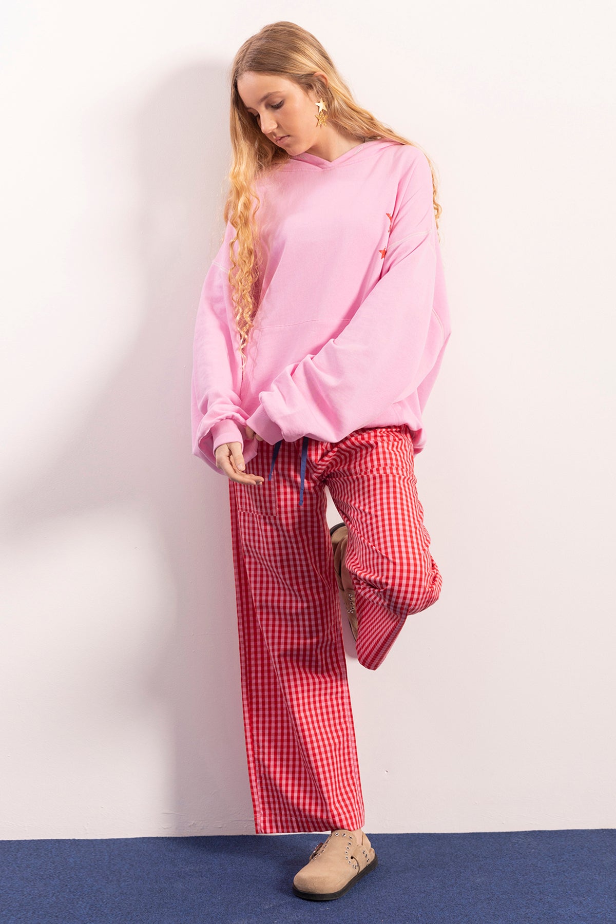 TEEN PANTS COTTON PLAID WITH PINK FLAMINGO RUBBER BANDS