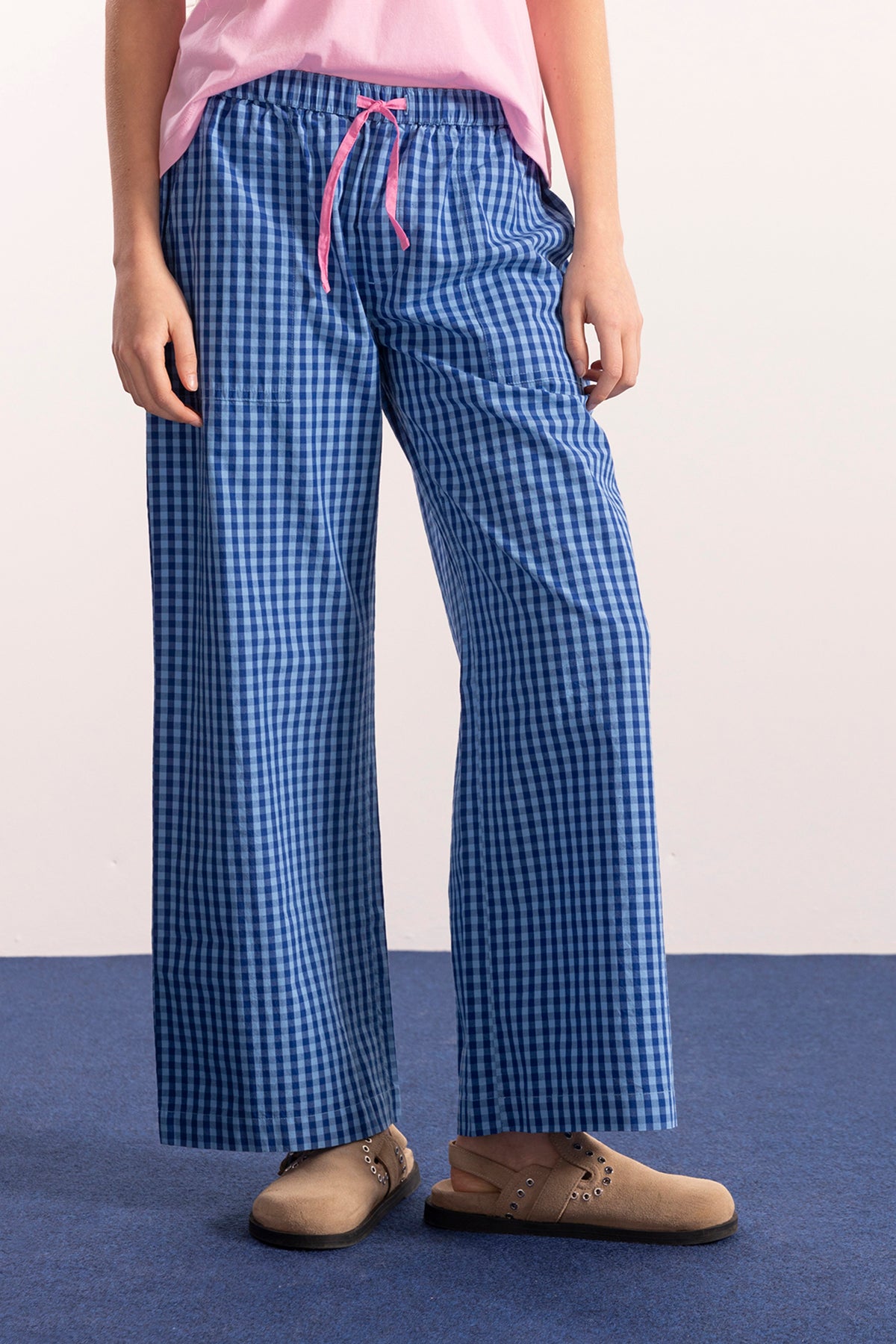 ELECTRIC BLUE TEEN PLAID COTTON PANTS WITH ELECTRIC BLUE RUBBER PANTS