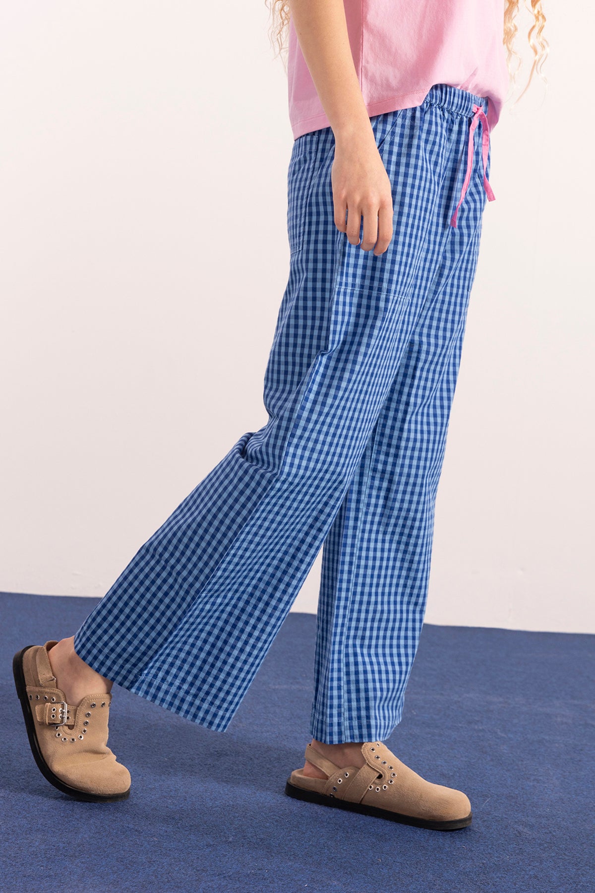 ELECTRIC BLUE TEEN PLAID COTTON PANTS WITH ELECTRIC BLUE RUBBER PANTS