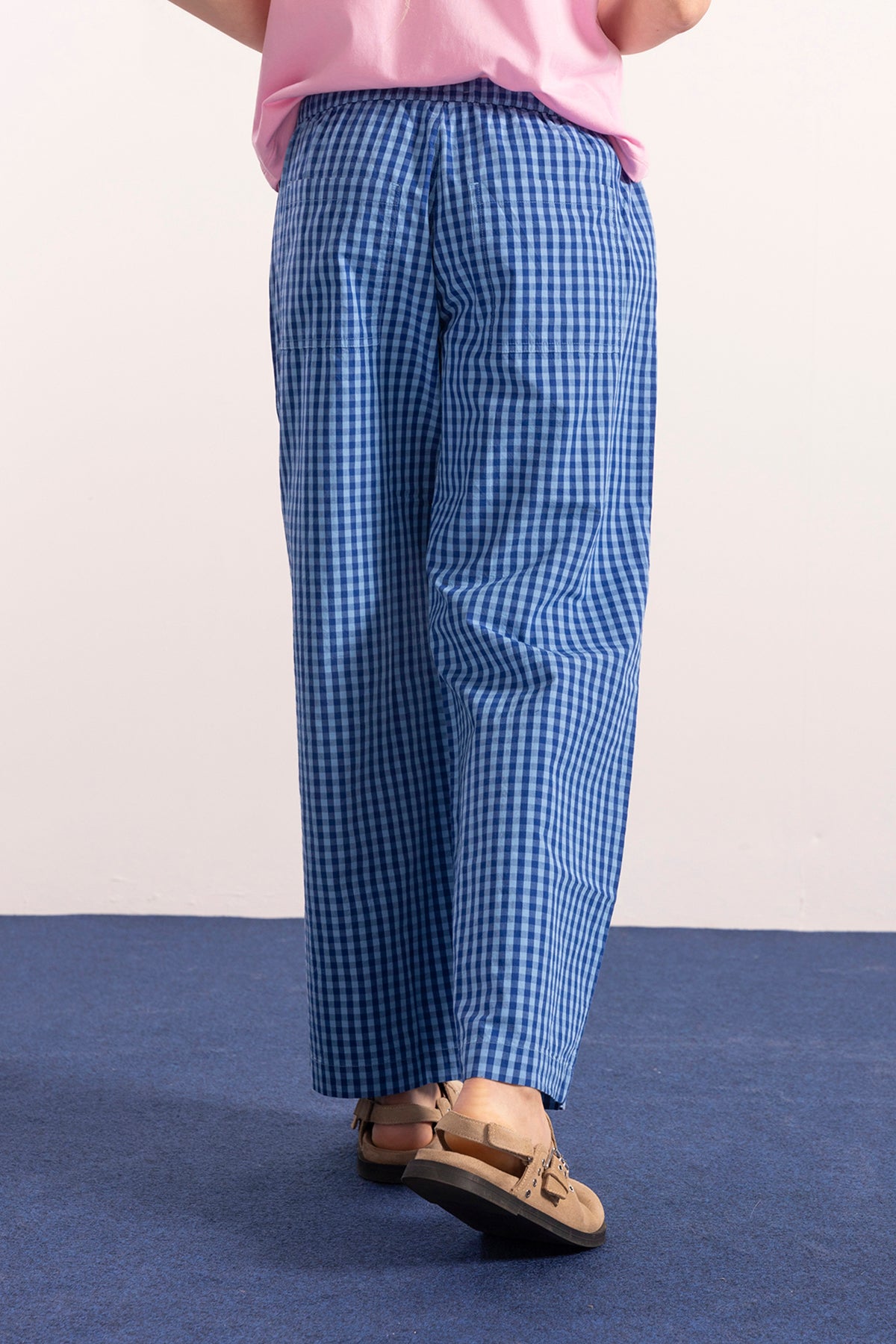 ELECTRIC BLUE TEEN PLAID COTTON PANTS WITH ELECTRIC BLUE RUBBER PANTS