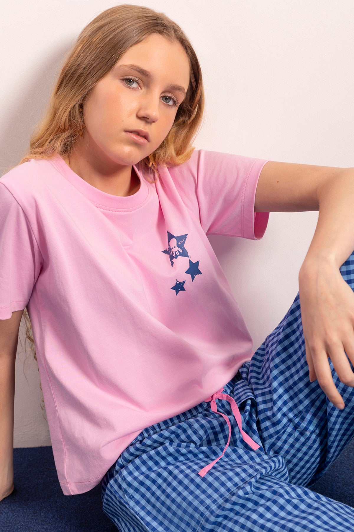 ELECTRIC BLUE TEEN PLAID COTTON PANTS WITH ELECTRIC BLUE RUBBER PANTS