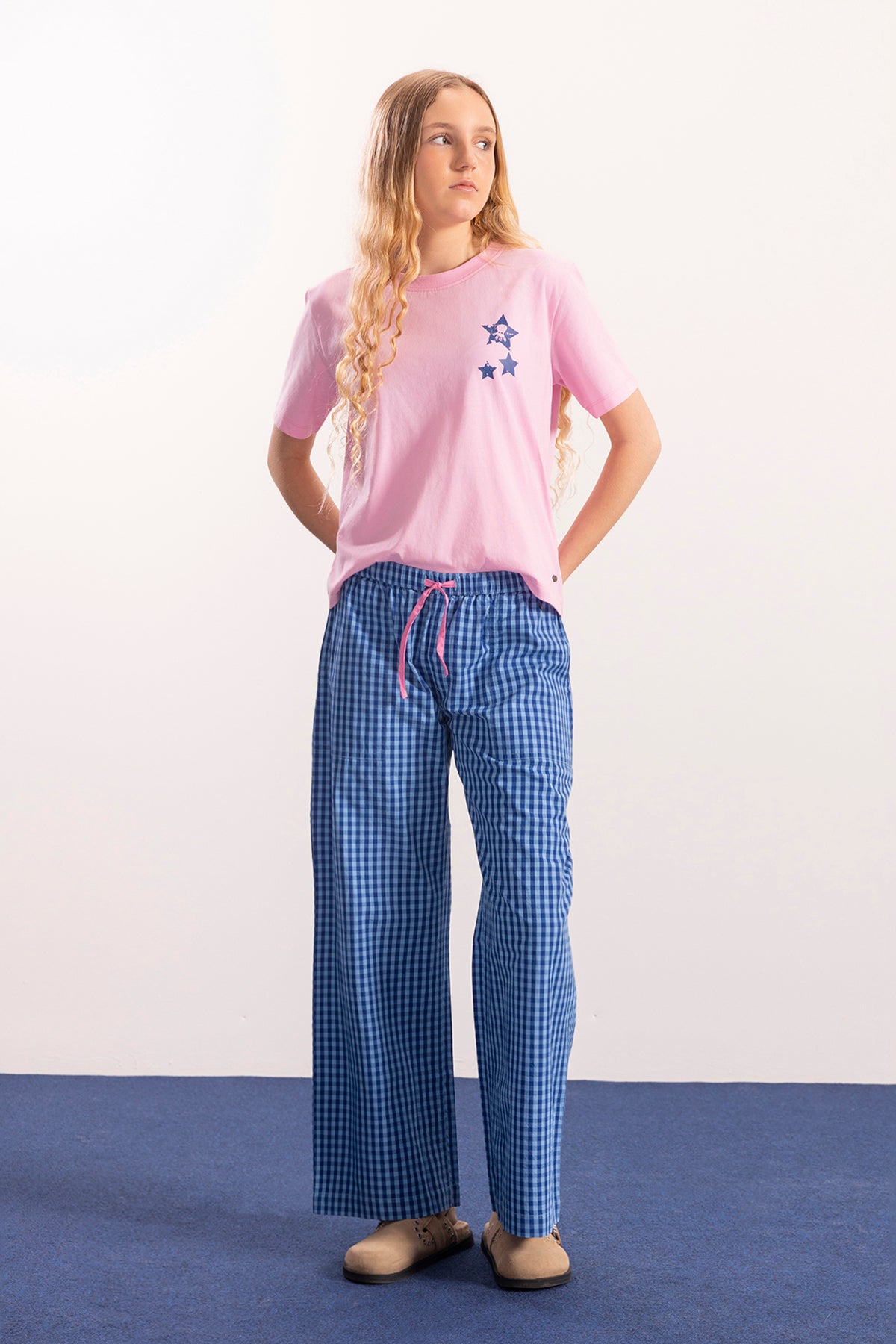 ELECTRIC BLUE TEEN PLAID COTTON PANTS WITH ELECTRIC BLUE RUBBER PANTS