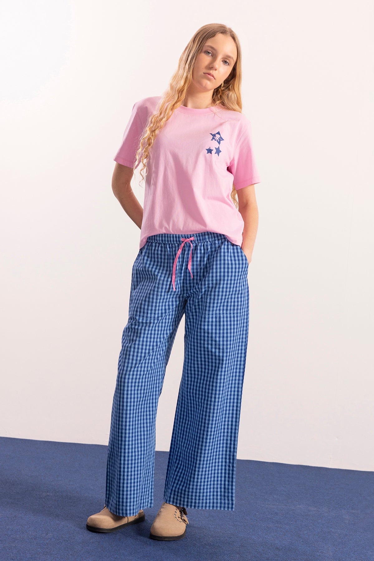 ELECTRIC BLUE TEEN PLAID COTTON PANTS WITH ELECTRIC BLUE RUBBER PANTS
