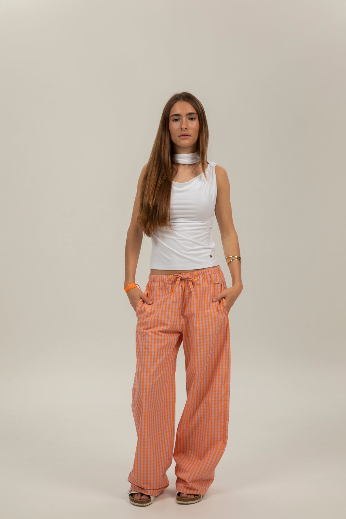 Pantalón teen cuadros vichy naranja