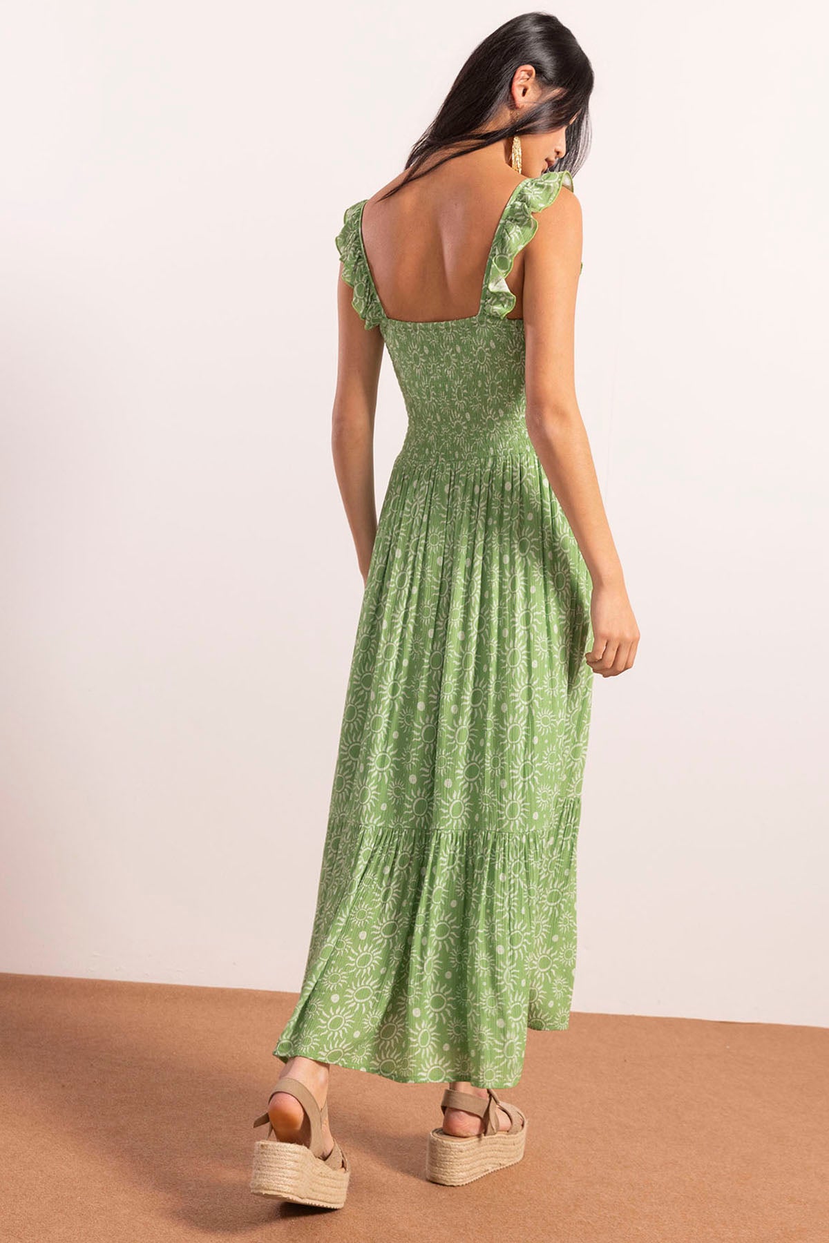 TEEN LONG DRESS WITH WIDE STRAP AND LIGHT GREEN SUNS PRINT