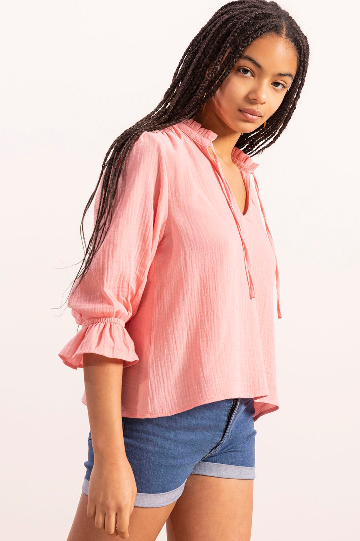 BLUSA ADOLESCENTE ROSA COM DECOTE EM V BAMBULA POWDER