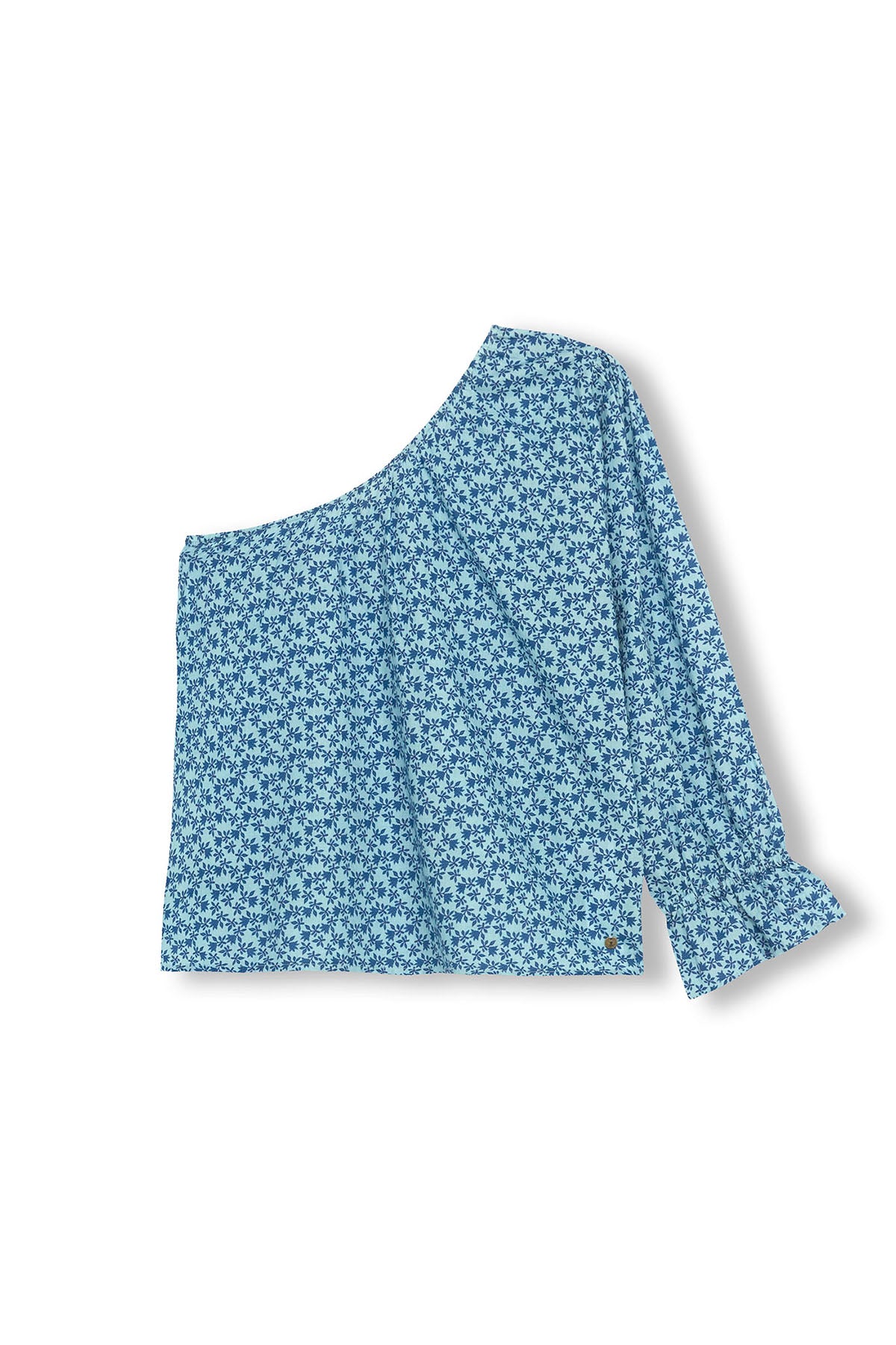 BLUSA ADOLESCENTE ASSIMÉTRICA COM ESTAMPA DE FOLHAS AZUL TURQUESA