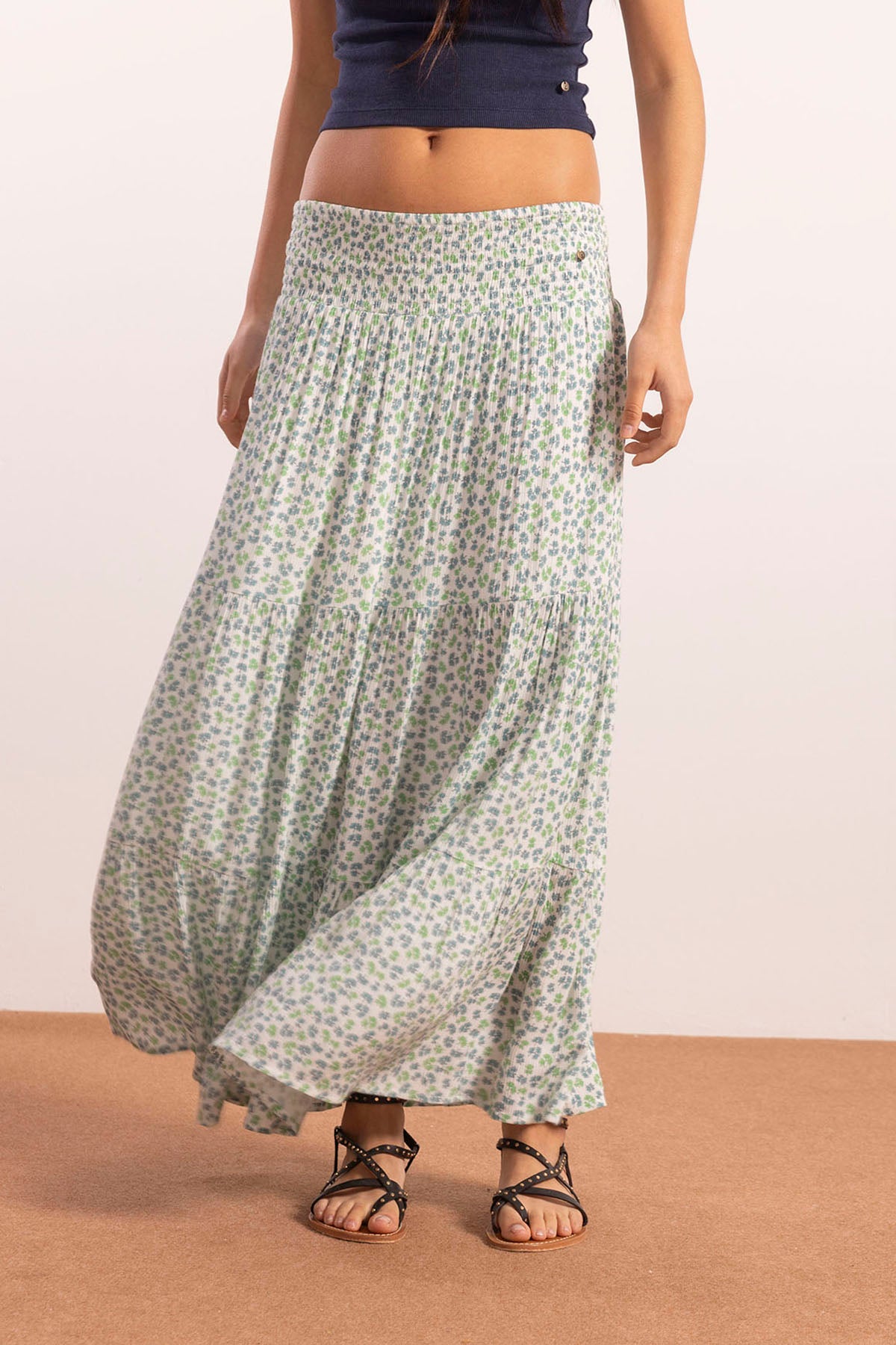 FALDA TEEN LARGA VUELO ESTAMPADO FLORES VERDE AGUA