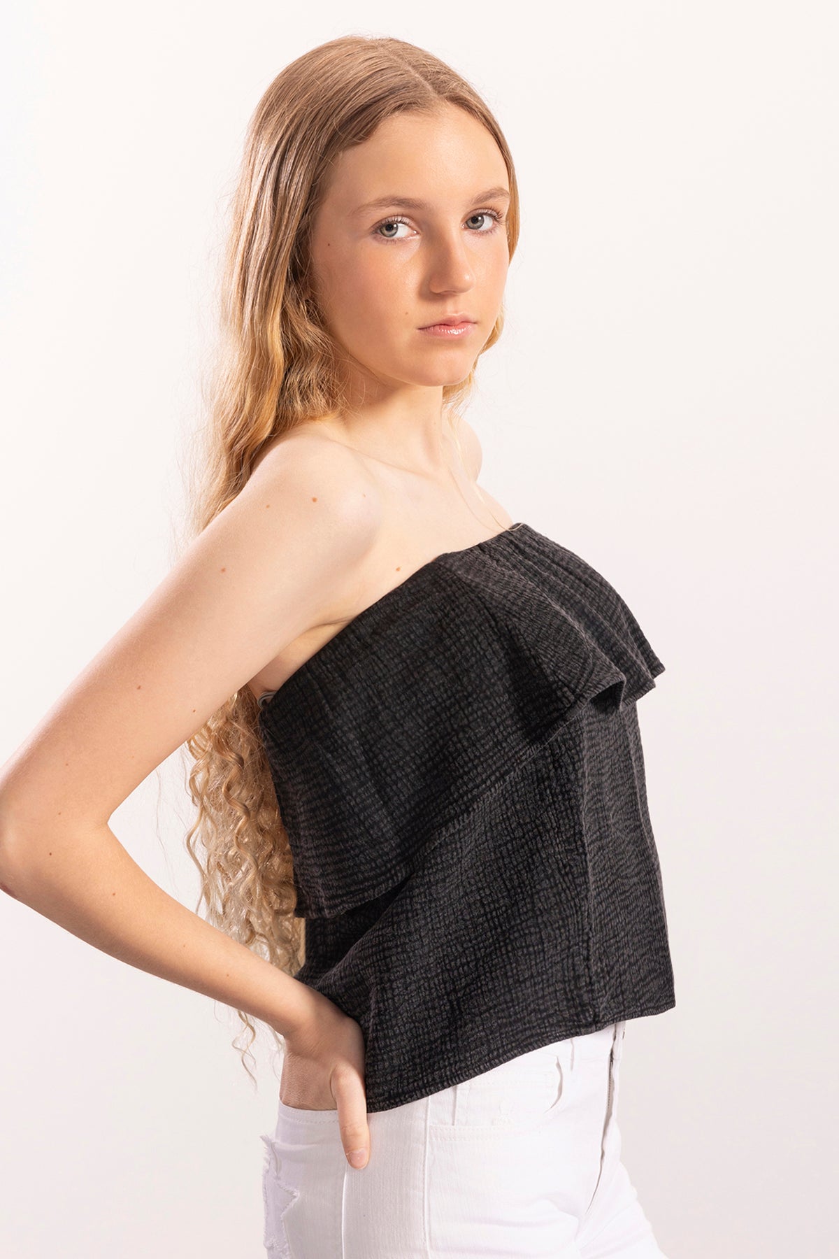 TOP TEEN BANDEAU COM BABADO ANTRACITE