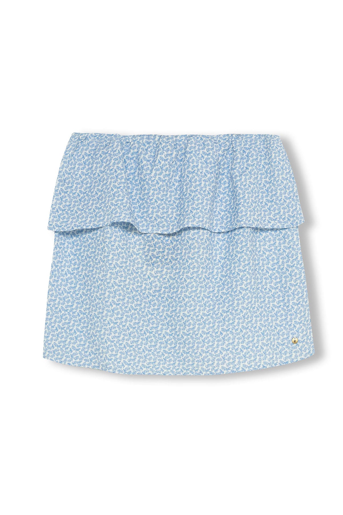 Blusa estilo bandeau para adolescentes com estampado de folhas azul-bebé e folhos