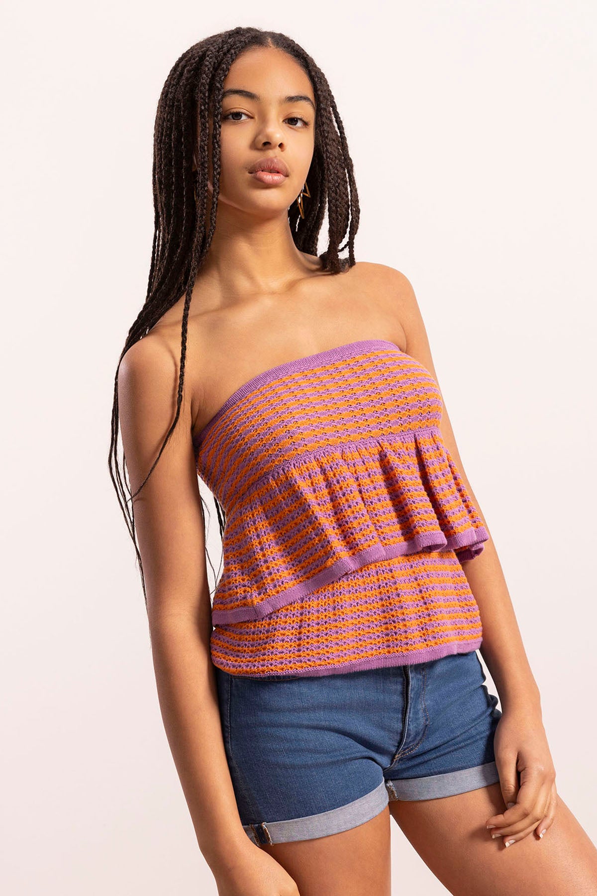 Blusa de malha estilo bandeau para adolescentes com folhos laranja DELAVÉ