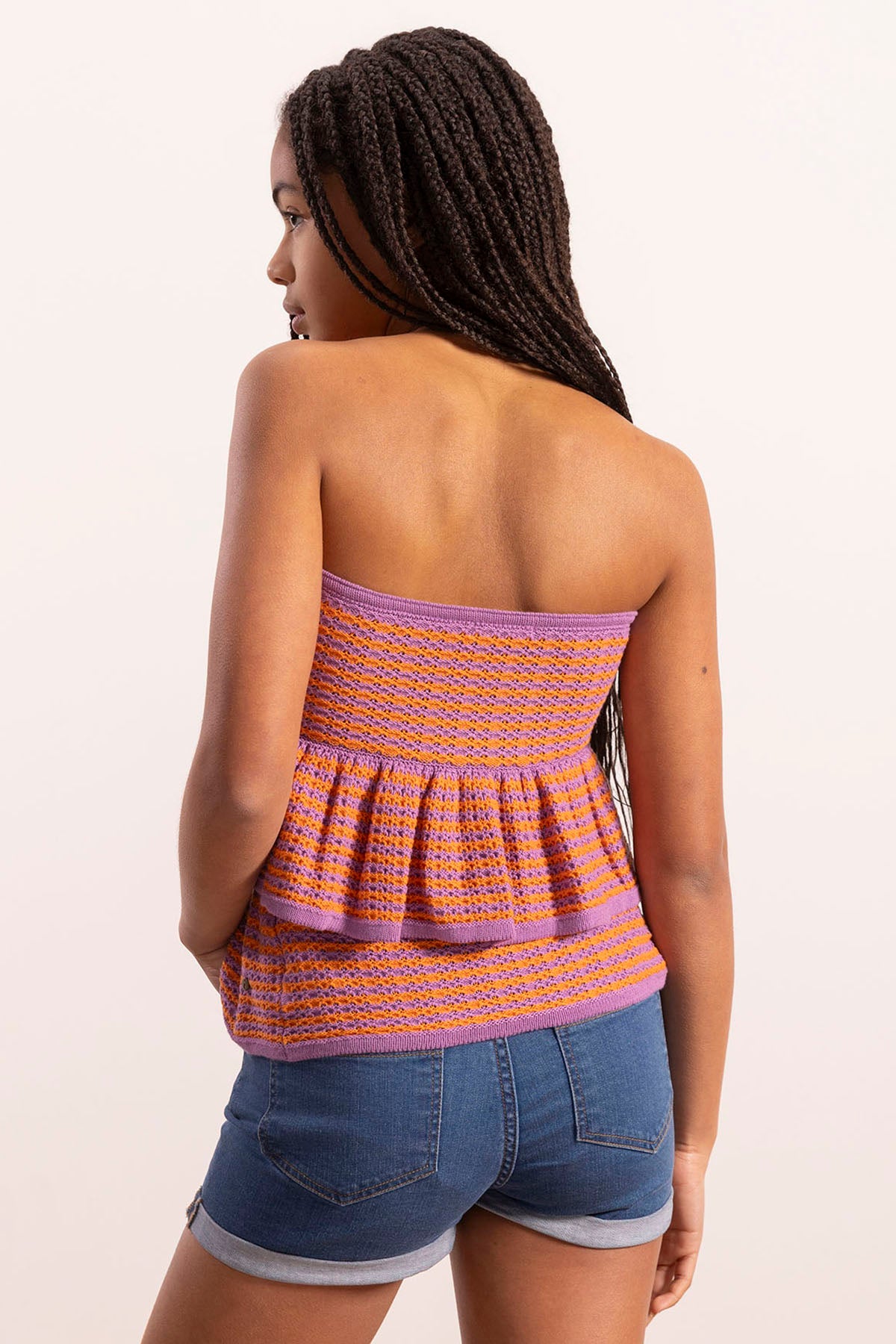 Blusa de malha estilo bandeau para adolescentes com folhos laranja DELAVÉ