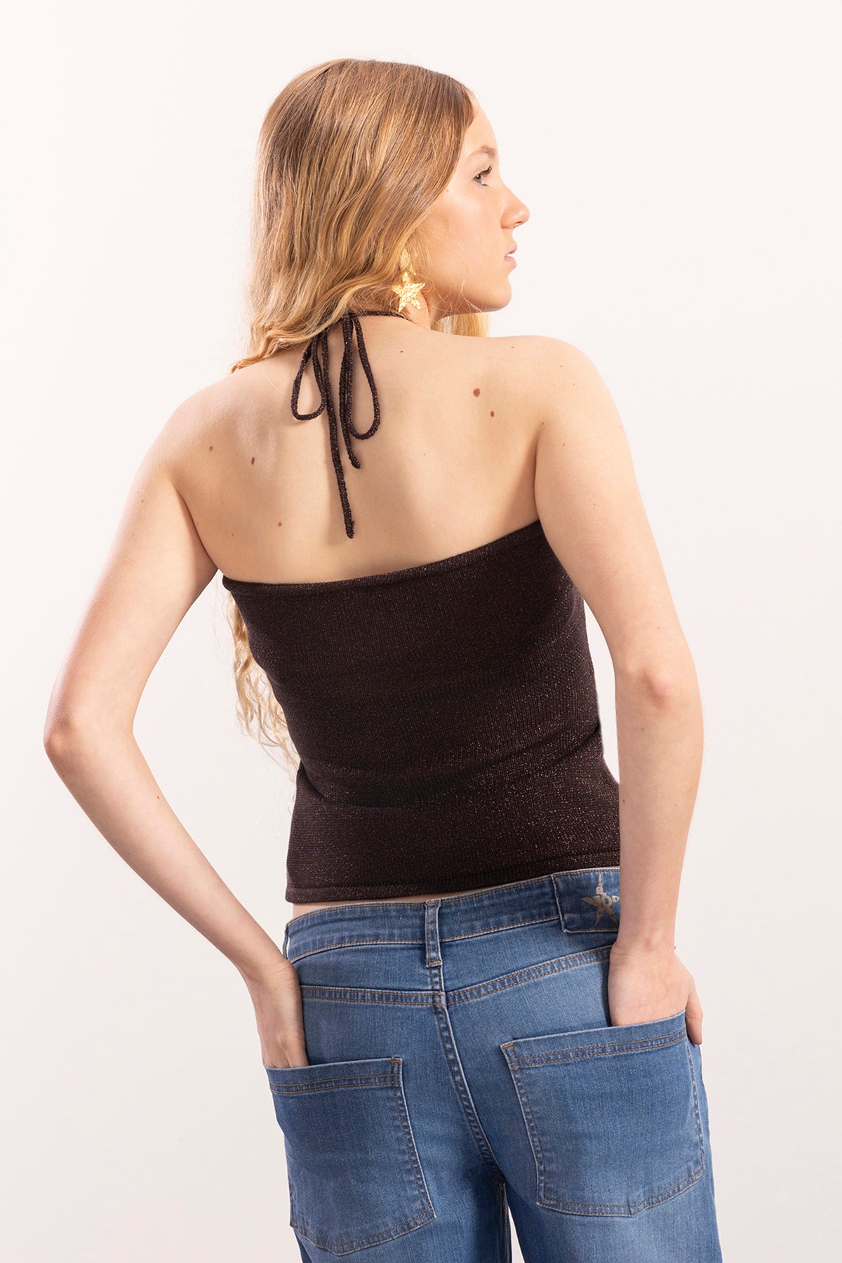 Blusa de malha adolescente franzida com lurex preto