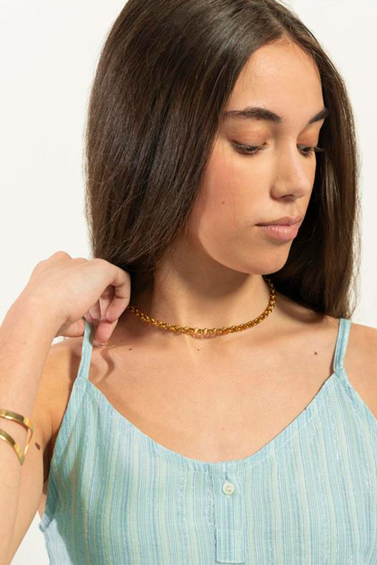 TOP ADOLESCENTE LUREX AZUL-ESVERDEADO COM ALÇAS