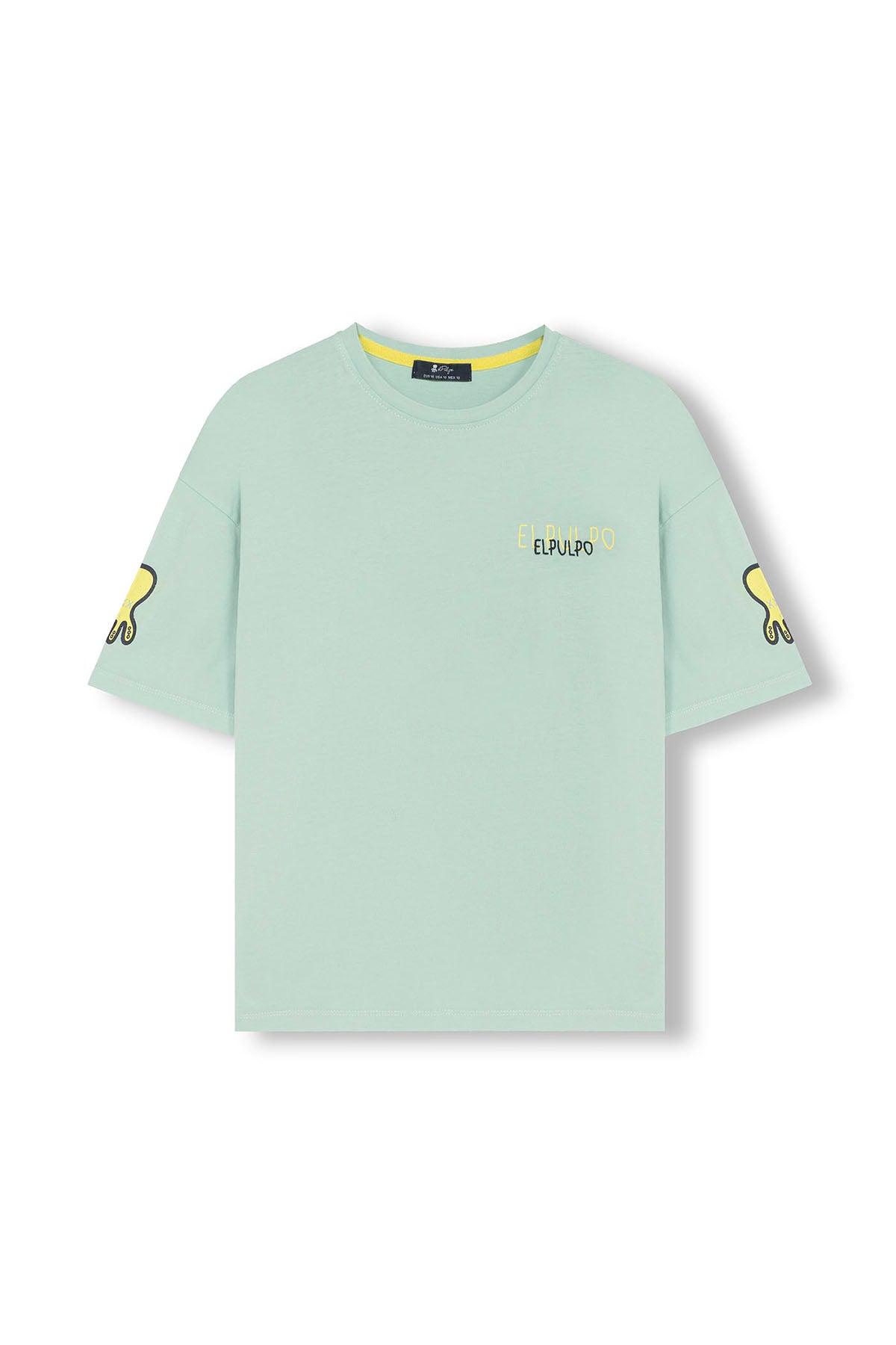 T-SHIRT MASCULINA AZUL TURQUESA COM TRÊS LOGOTIPOS DESENHADOS E TAMANHO GRANDE