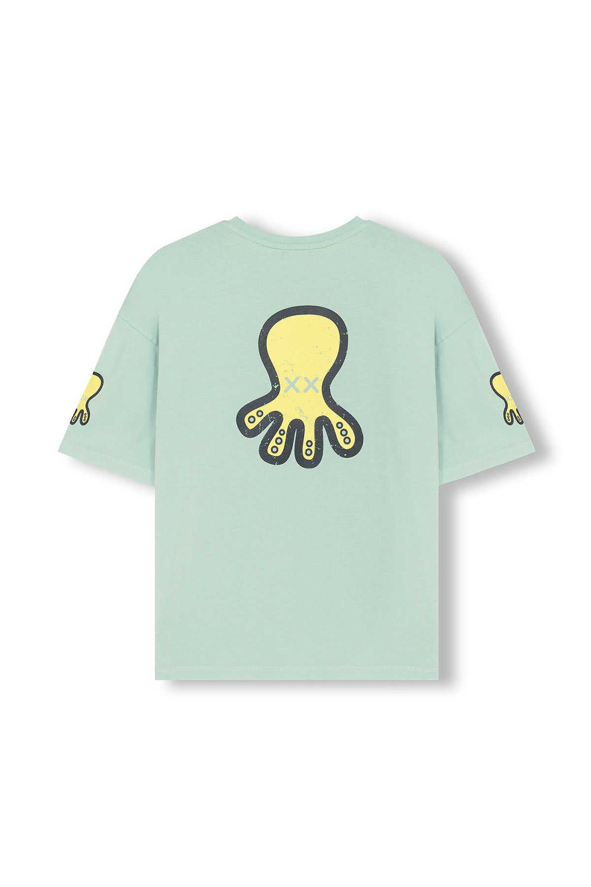 T-SHIRT MASCULINA AZUL TURQUESA COM TRÊS LOGOTIPOS DESENHADOS E TAMANHO GRANDE