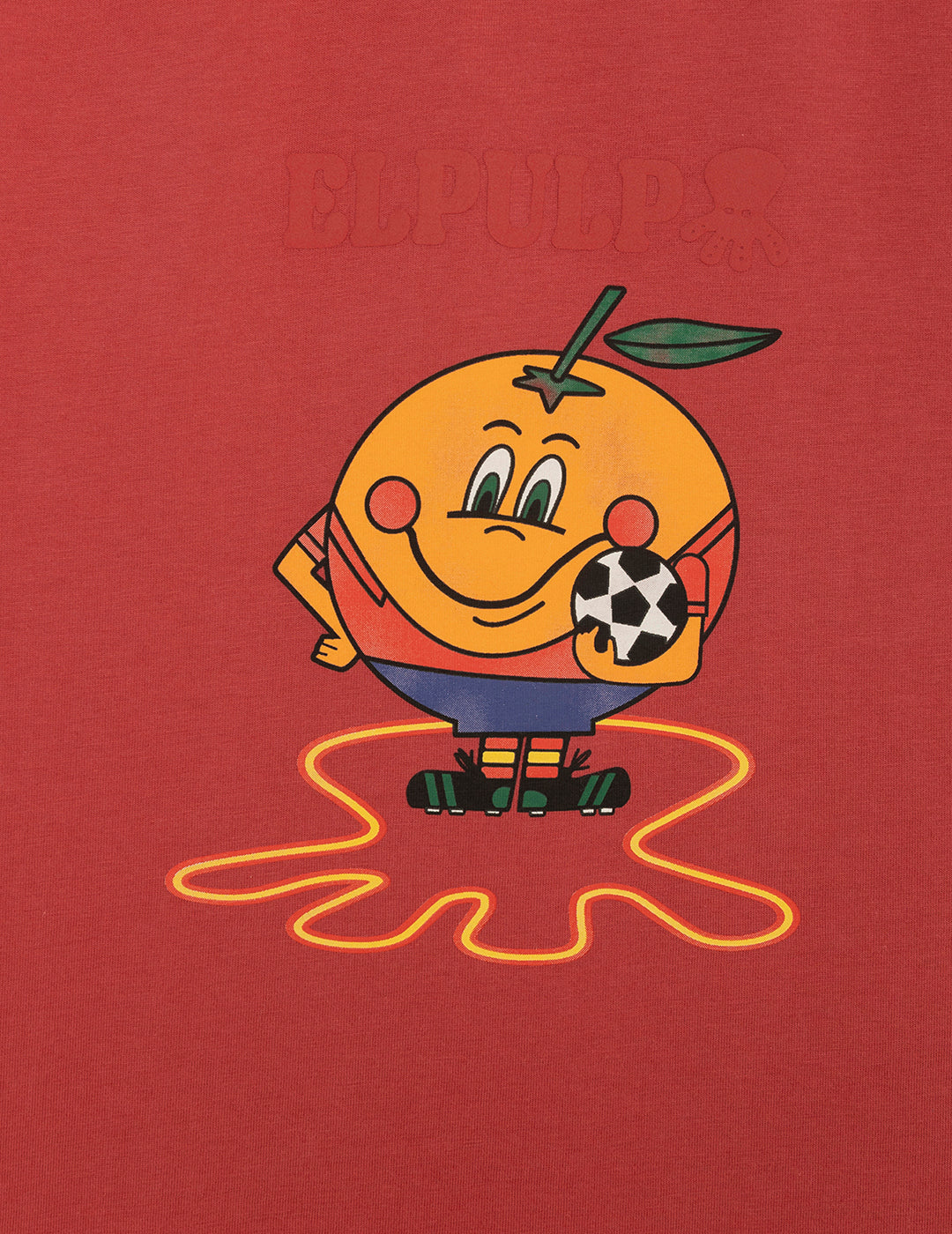 T-SHIRT MENINA DELAVÉ COM ESTAMPA DE POLVO E LARANJA VERMELHA