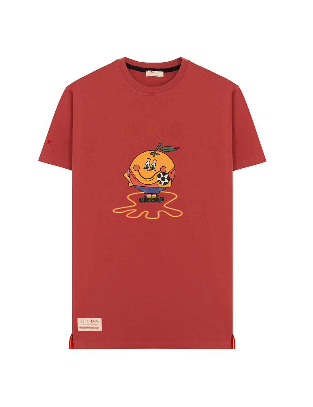 T-SHIRT MENINA DELAVÉ COM ESTAMPA DE POLVO E LARANJA VERMELHA