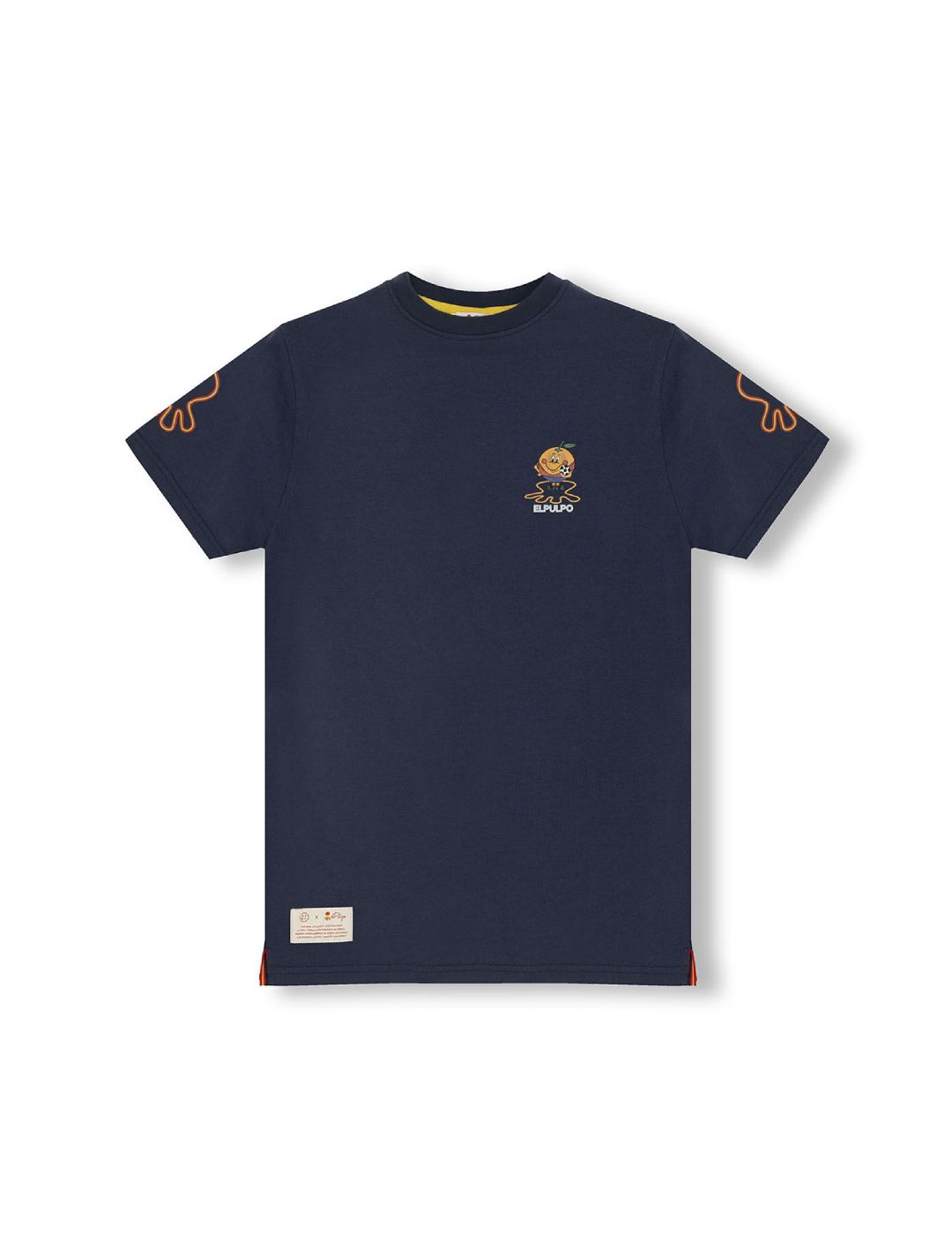 T-SHIRT MENINA DELAVÉ AZUL MARINHO LARANJA EMBLEMA TRIPLO ESTAMPADO