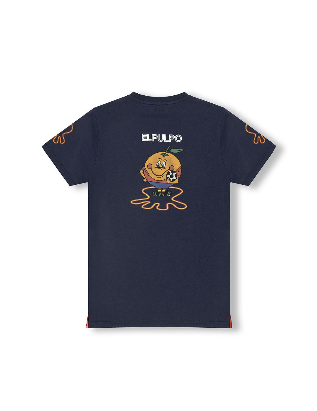 T-SHIRT MENINA DELAVÉ AZUL MARINHO LARANJA EMBLEMA TRIPLO ESTAMPADO