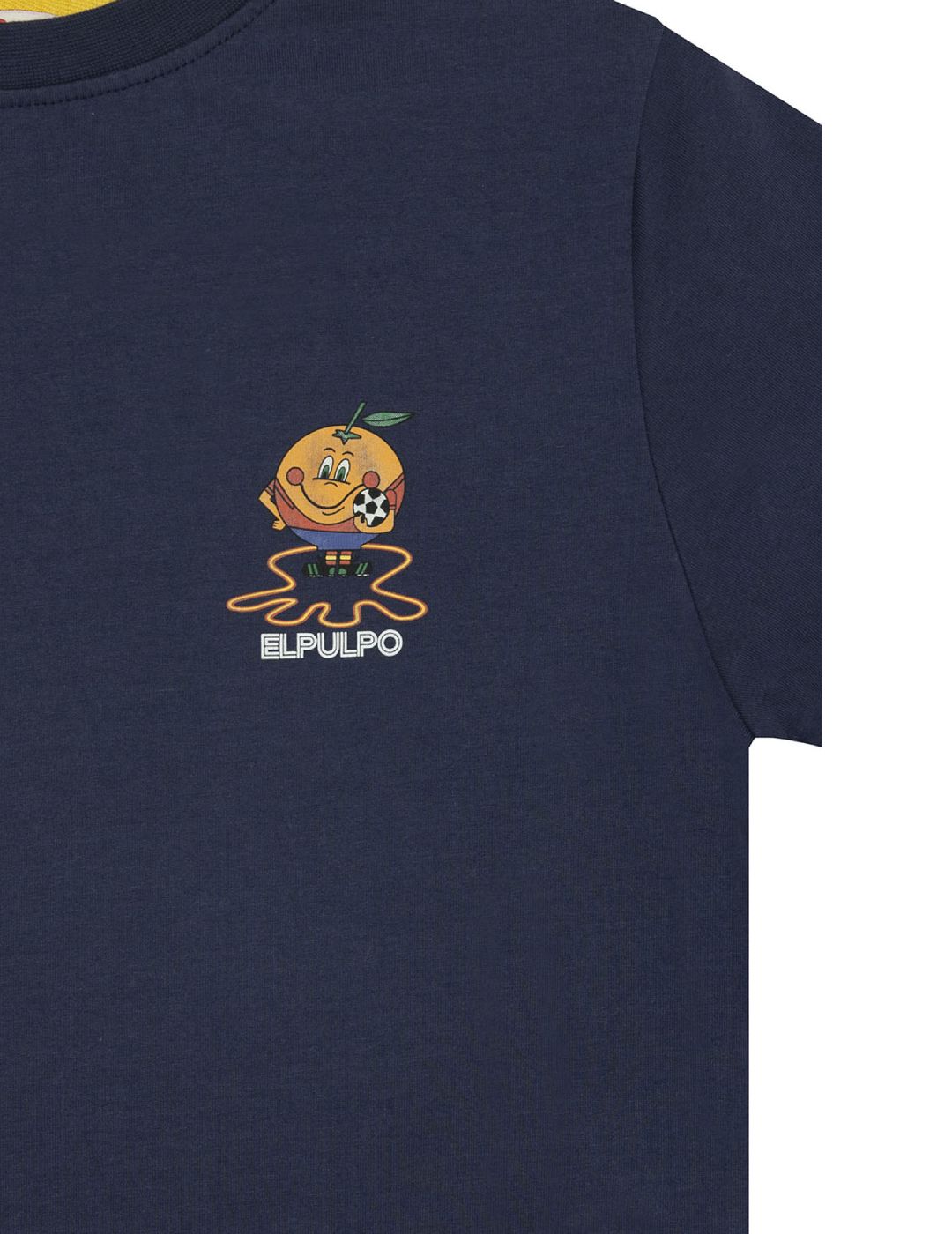 T-SHIRT MENINA DELAVÉ AZUL MARINHO LARANJA EMBLEMA TRIPLO ESTAMPADO