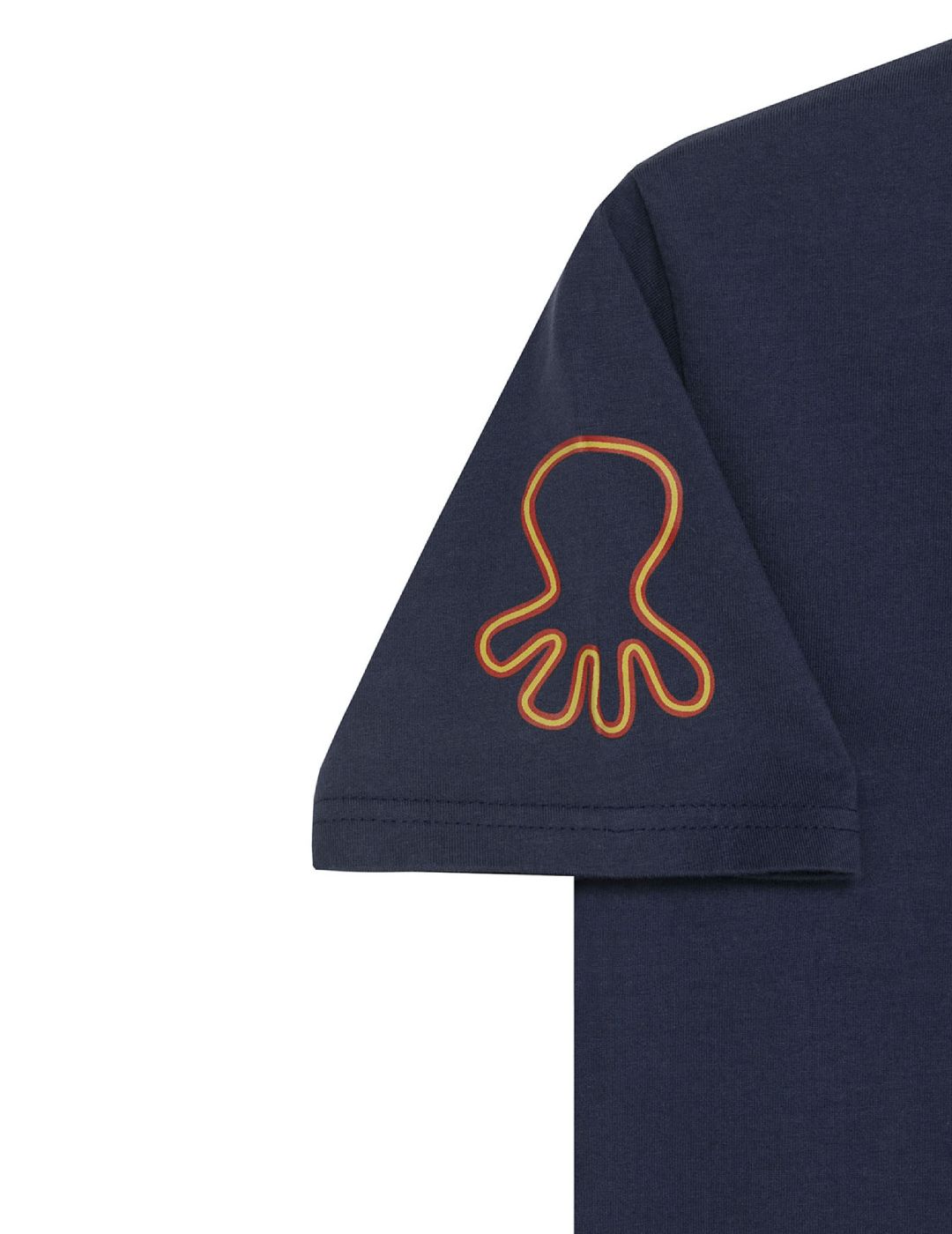 T-SHIRT MENINA DELAVÉ AZUL MARINHO LARANJA EMBLEMA TRIPLO ESTAMPADO